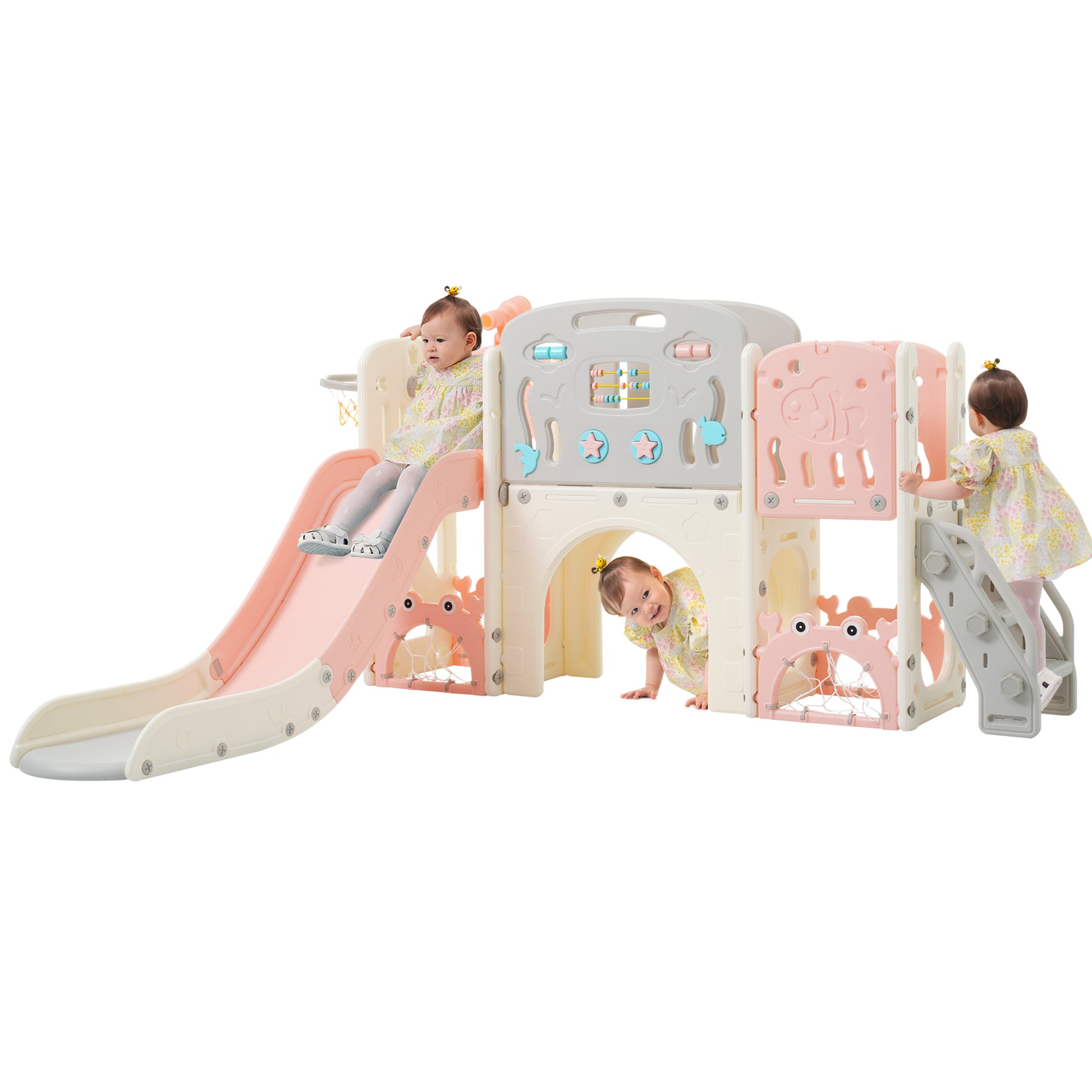 11 In 1 Toddler Slide, Kids Slide For Toddler Age 1 3 With Basketball Hoop, Kids Slide Playset Structure,Arch Tunnel And Telescope, Toy Storage Organizer For Toddlers, Kids Climbers Playground Pink Cute 1 To 2 Years Hdpe Indoor & Outdoor Use