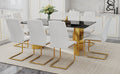Table And Chair Set.The Table Has A Glass Tabletop With Imitation Marble Pattern Stickers And Stainless Steel Golden Table Legs. Paried With Comfortable Chairs With Pu Seats And Metal Legs. Gold Black Seats 8 Glass Metal