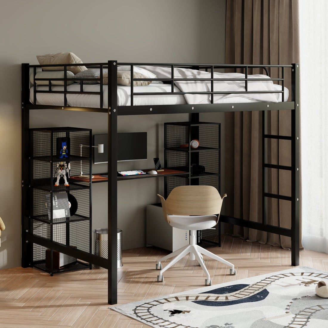 Full Size Metal Loft Bed With Built In Desk And Shelves, Black Brown Box Spring Not Required Full Black Brown Metal Bedroom Mdf Metal