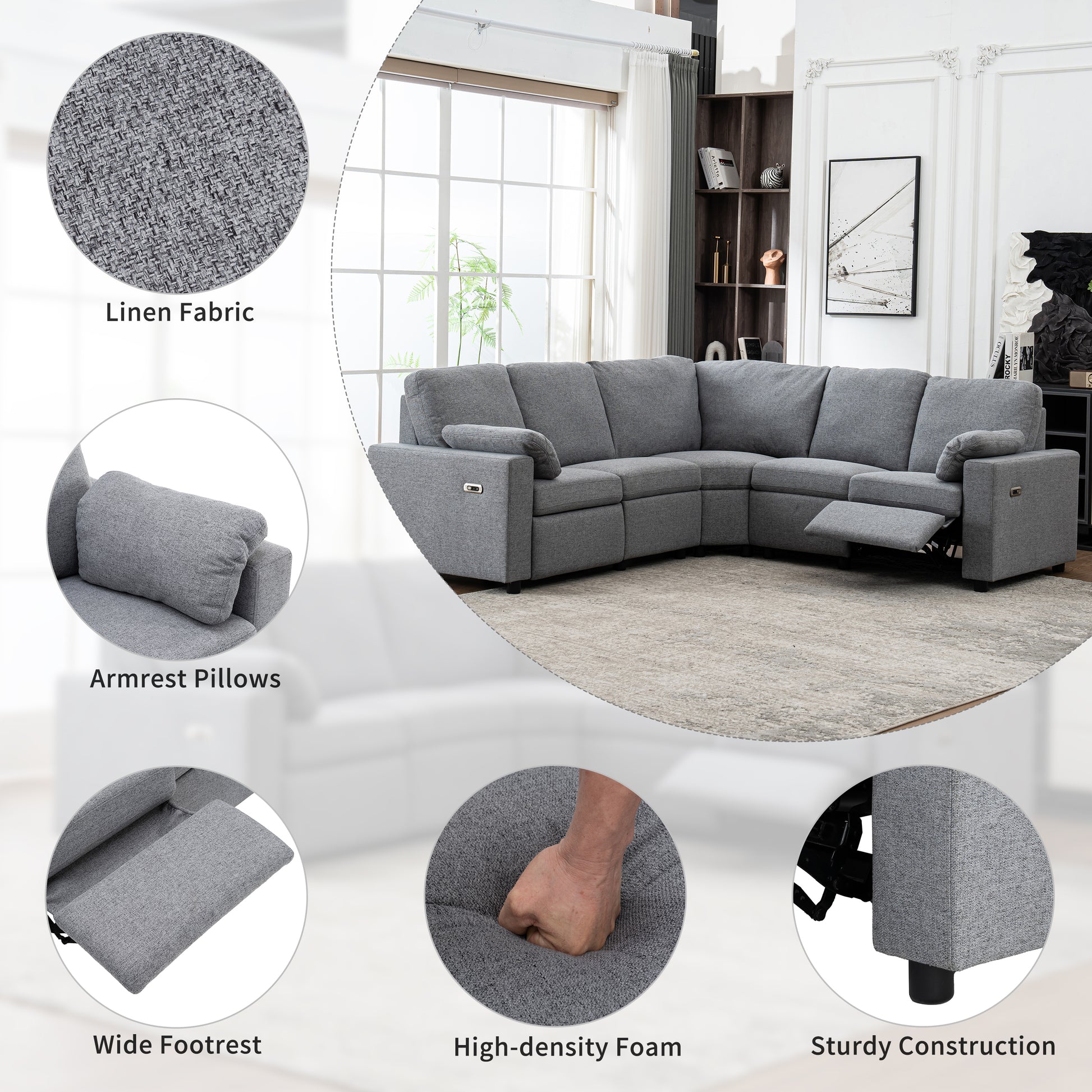 89" Power Recliner Sectional Sofa Home Theater Reclining Sofa With Two Usb Ports, Two Storage Drawers For Living Room, Gray Gray Foam Linen 5 Seat