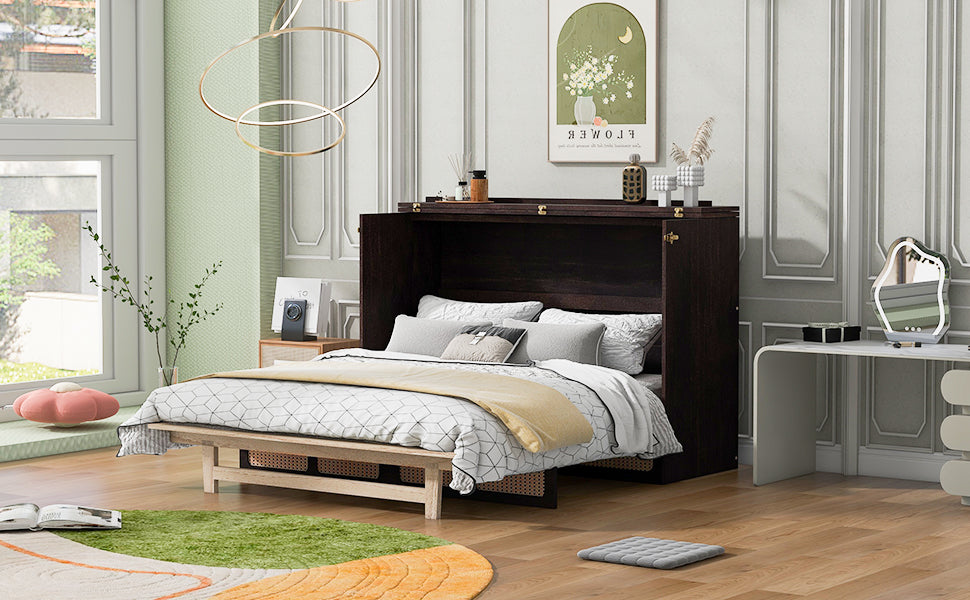 Queen Murphy Bed With Large Drawers,Espresso Queen Espresso Plywood