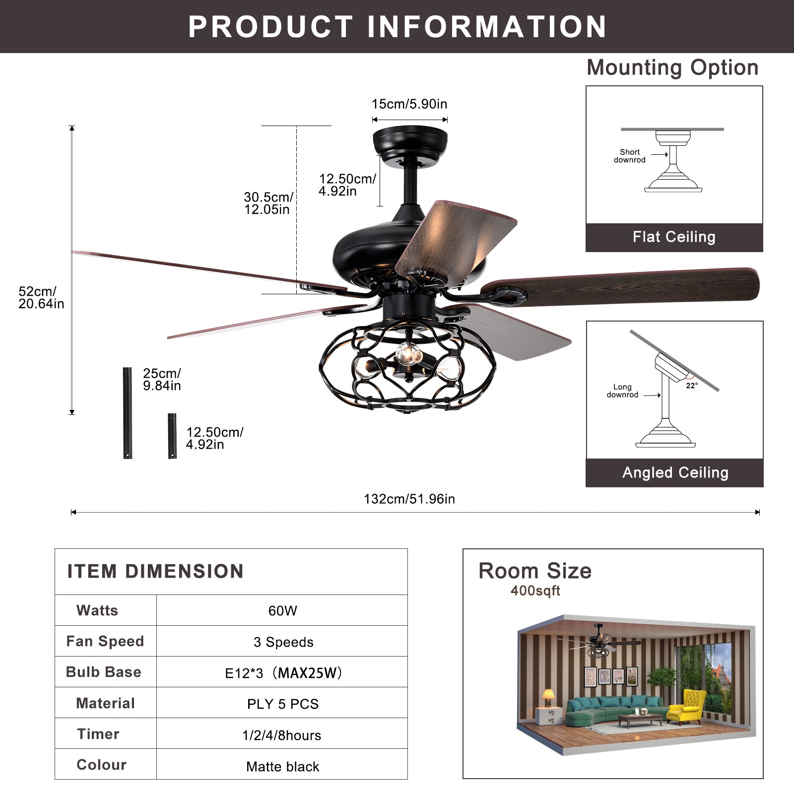 Low Profile Ceiling Fan With Lights No Include Bulb ,Blade Dark Wood 52 Inch Ceiling Fan Optional Remote&2 Color Option Blades Matte Black Ceiling Fans 1000K 2600K Candlelight Under 1000Lm American Design,American Traditional,Antique,Farmhouse,Industrial