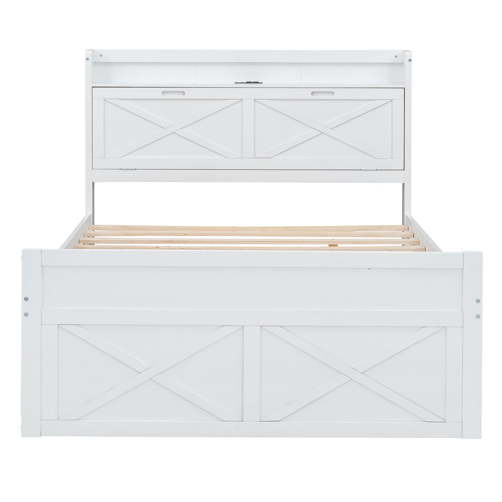 Full Size Wooden Bed With Storage Headboard With Outlets, Extendable Bed With Twin Size Trundle With Three Storage Drawers,White Full White Wood