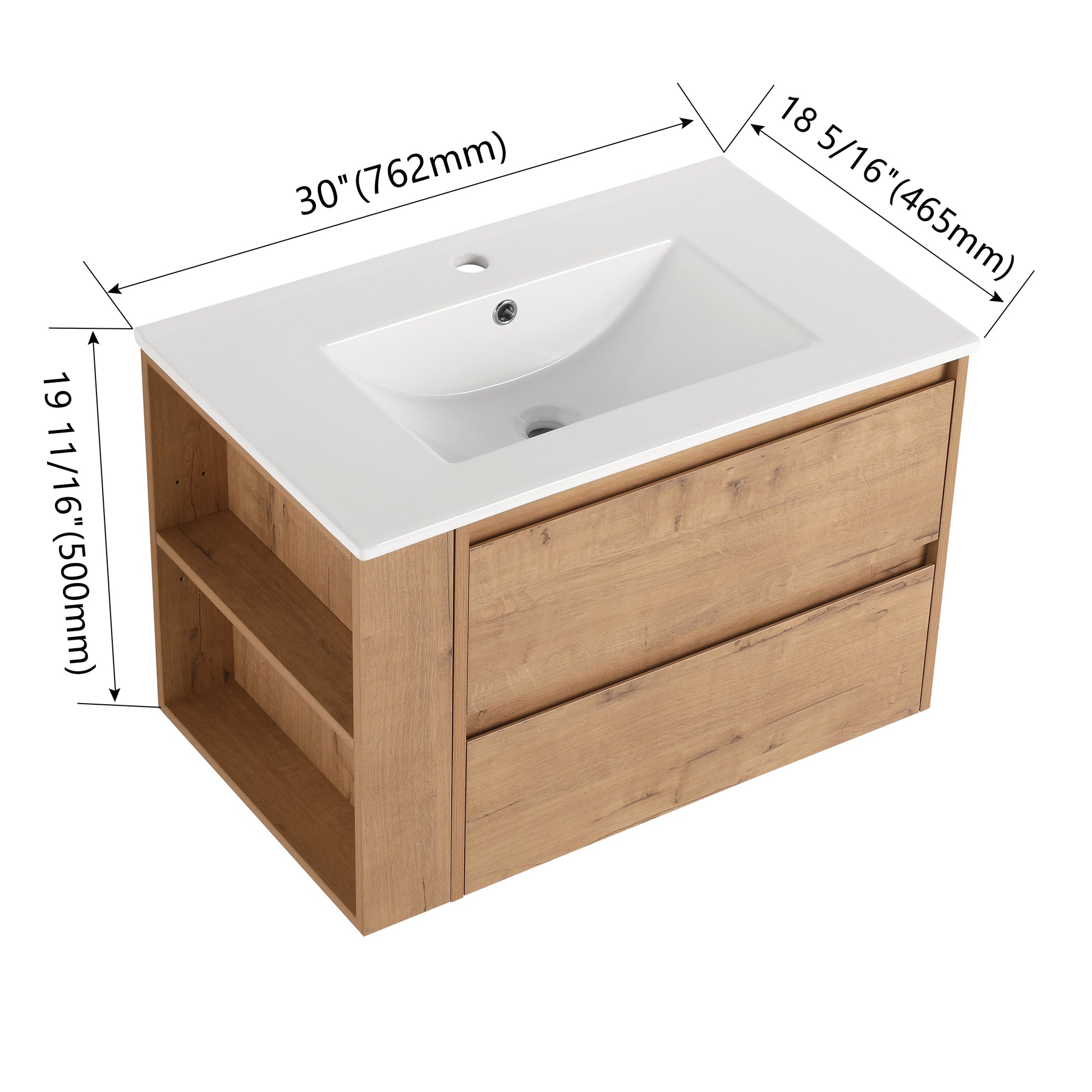 30" Wall Mounting Bathroom Vanity With Ceramic Sink, 2 Soft Close Drawer 2 Imitative Oak 1 Bathroom Wall Mounted Modern Plywood