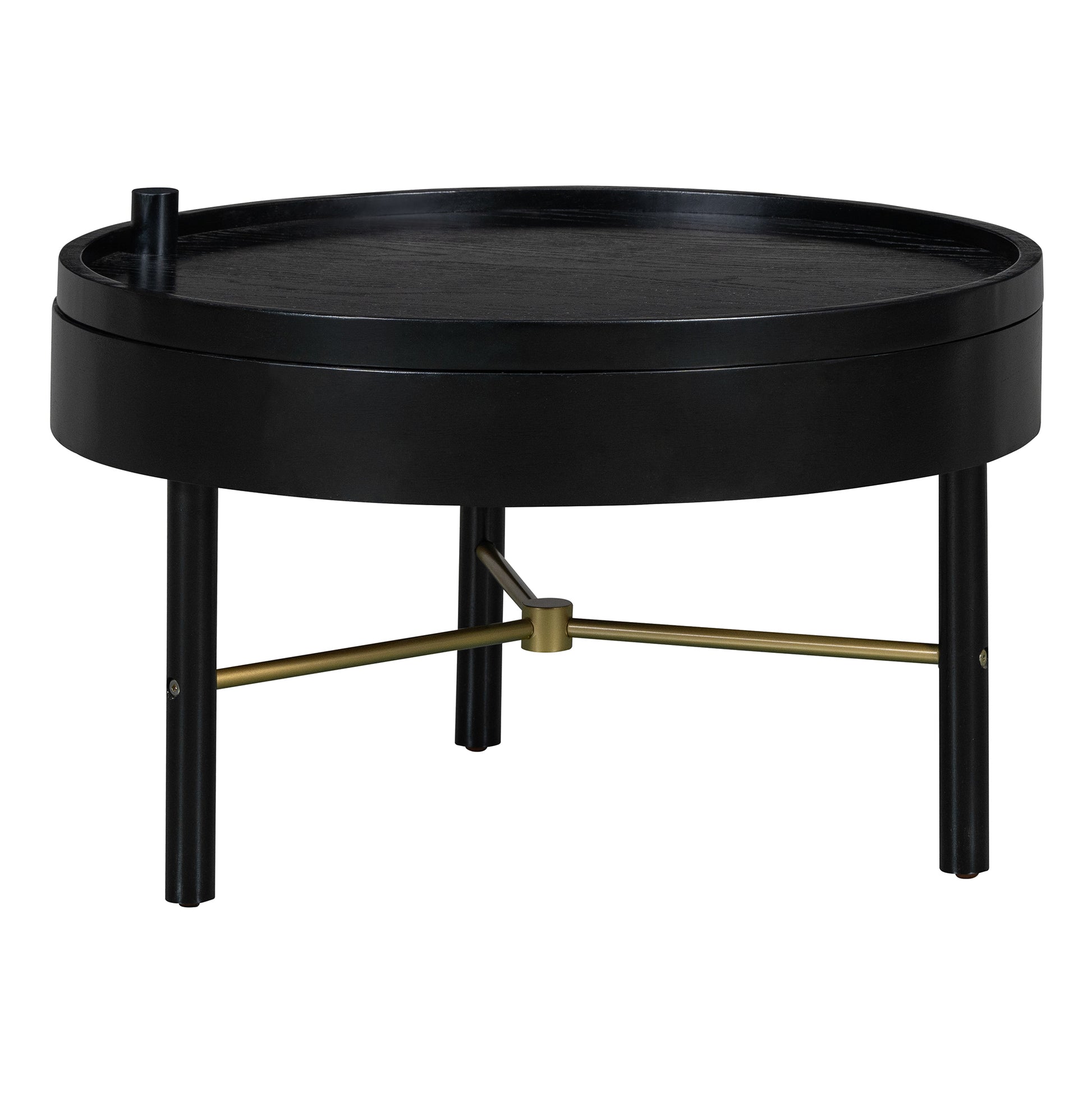 Modern Round Wood Rotating Tray Coffee Table With Storage & Metal Legs In Black Black Metal,Rubber Wood