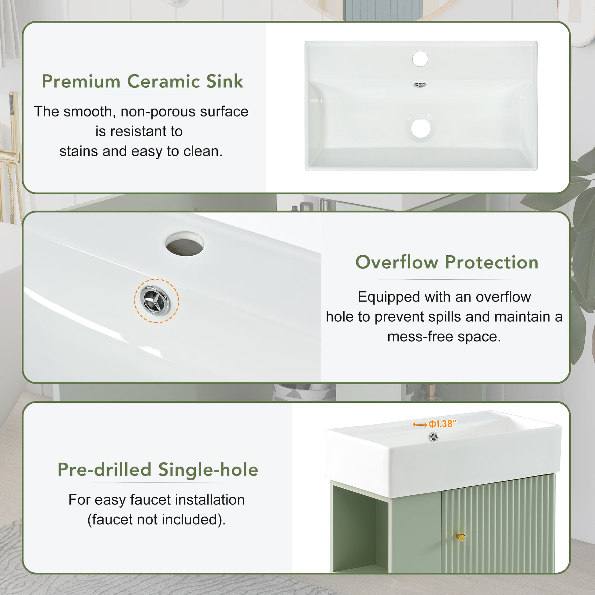 21.6" Green Bathroom Vanity, Combo Cabinet, Bathroom Storage Cabinet, Single Ceramic Sink, Left Side Storage Green Bathroom Ceramic Mdf