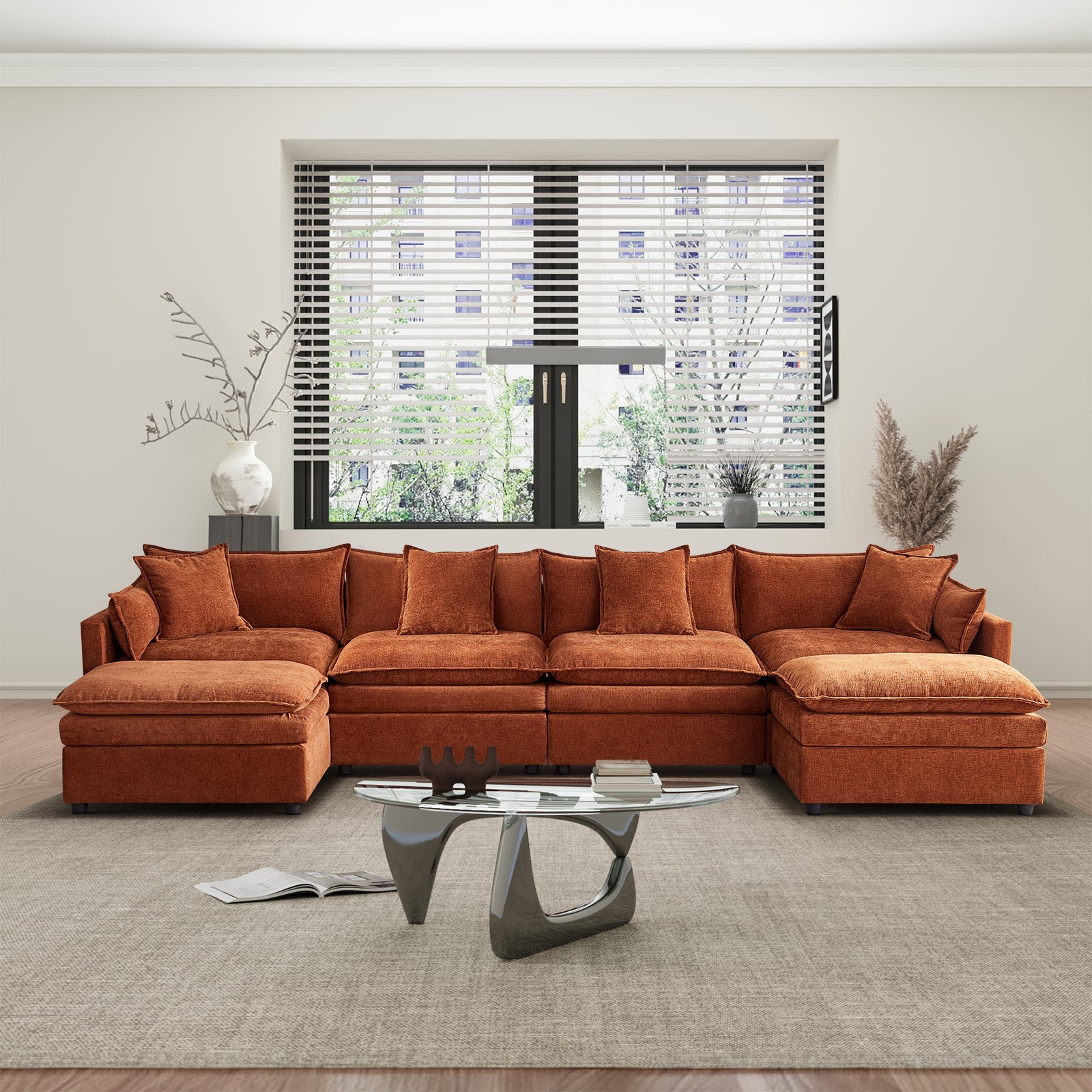 142.52"Modern Chenille U Shaped Sectional Sofa With Convertible Chaise, Comfy Cloud Couch Deep Sectional Sofa With Ottomans For Living Room Orange Wood Foam Chenille 4 Seat
