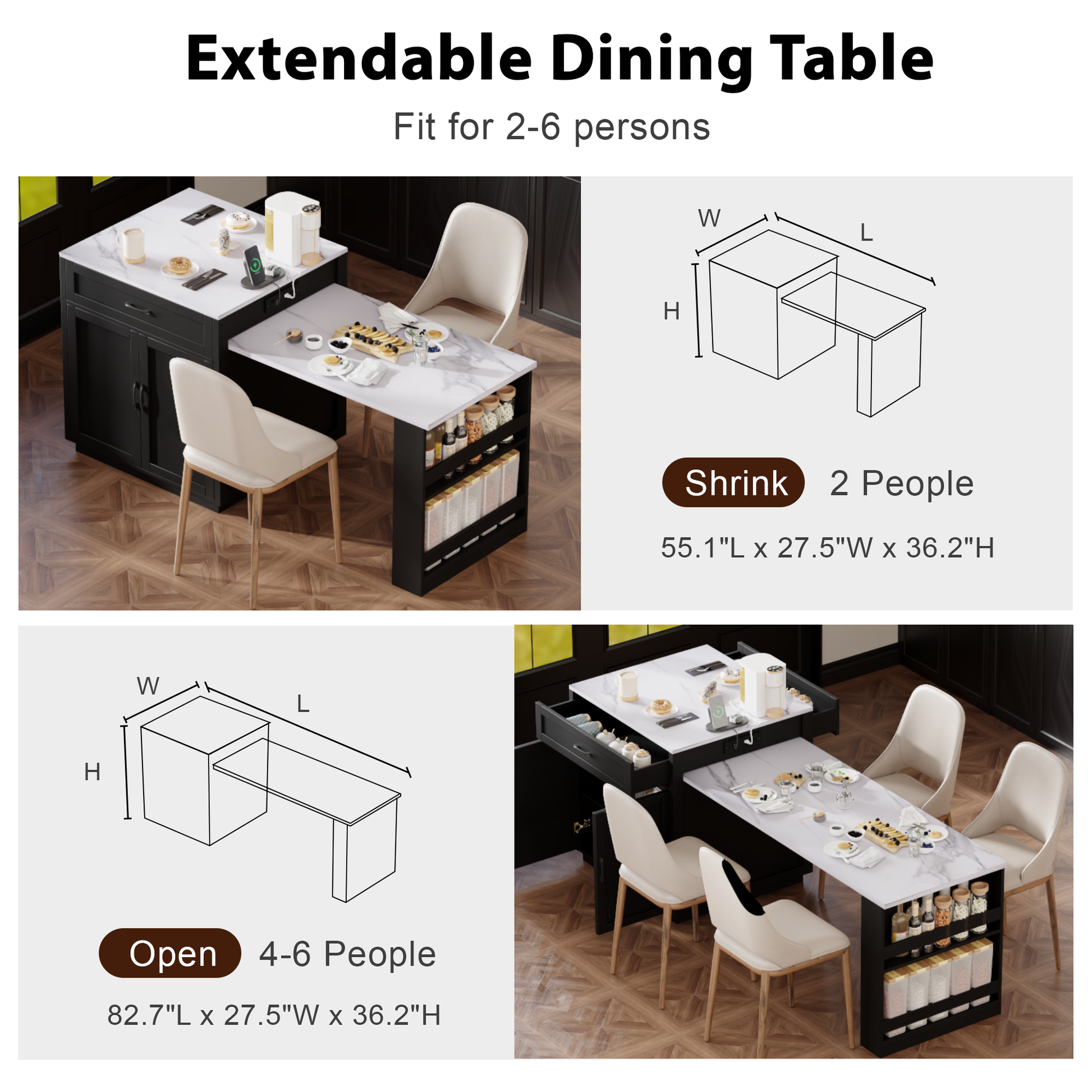 K&K 82.7 Inch Kitchen Island With Extendable Dining Table For 4 6 Person,Faux Mable Kitchen Table With Double Sized Storage,Power Outlet,Kitchen Island With Storage 2 Drawers 2 Side Open