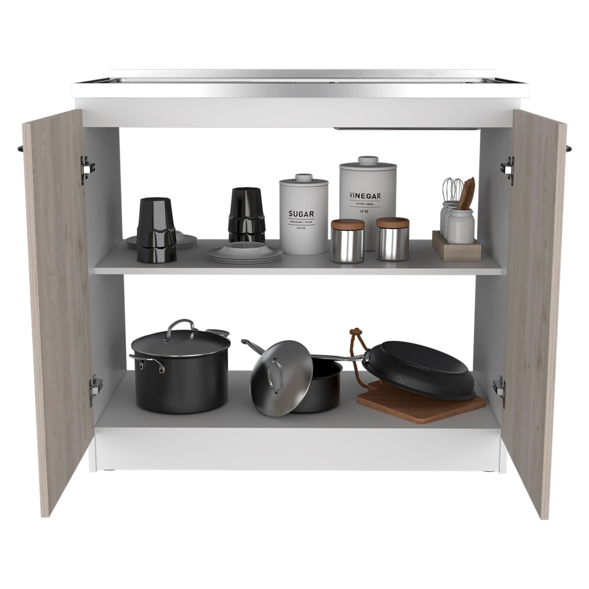 Freestanding Sink, Double Door Cabinet, Two Shelves, White Light Gray Multicolor Solid Wood Mdf Engineered Wood