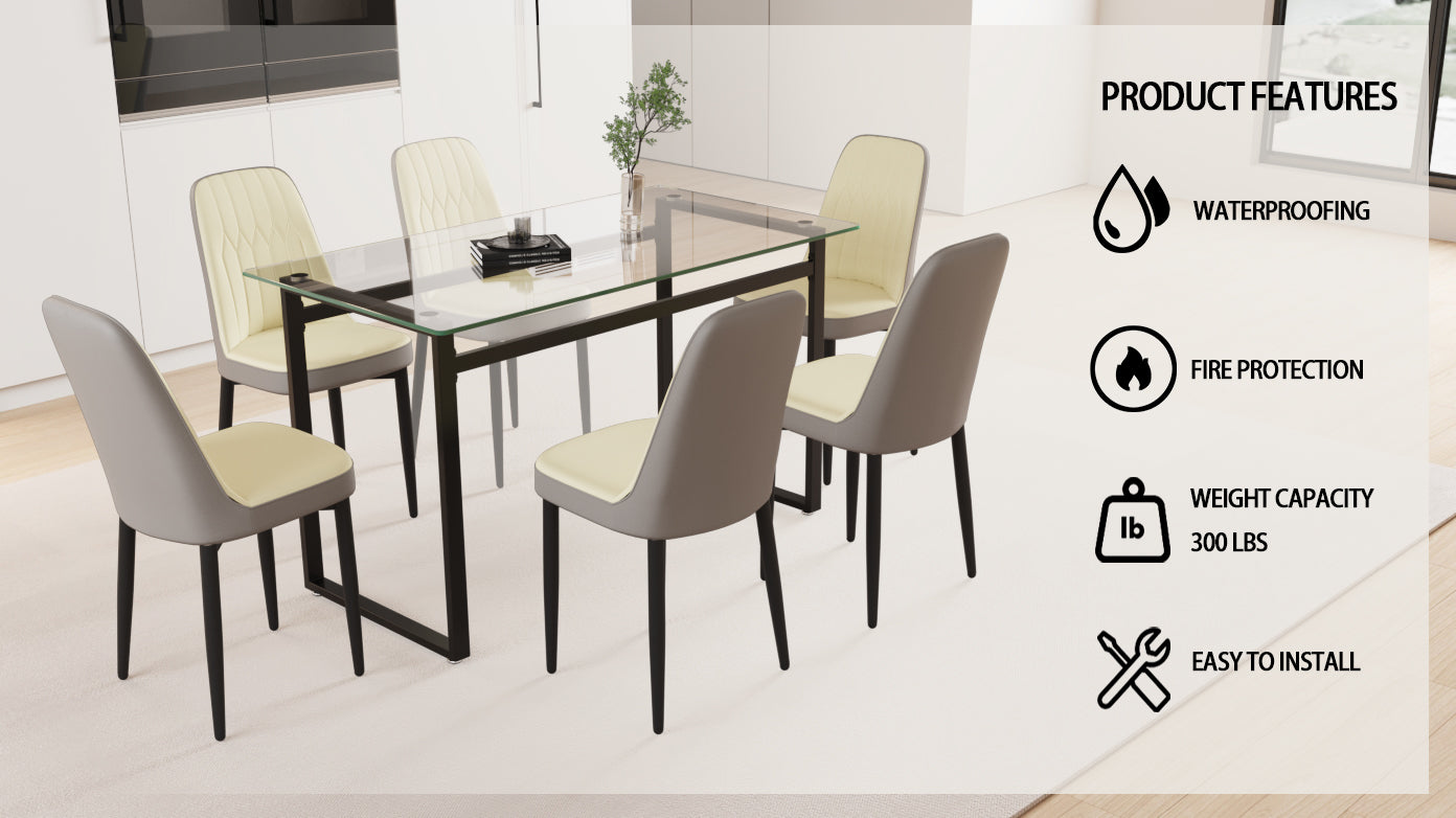 51" 6 Person Glass Dining Table Set, Kitchen Set With Black Metal Leg Dining Table And Chairs, Modern Rectangular Tempered Glass Tabletop And Dining Room Thick Cushioned Pu Dining Chairs Beige Black