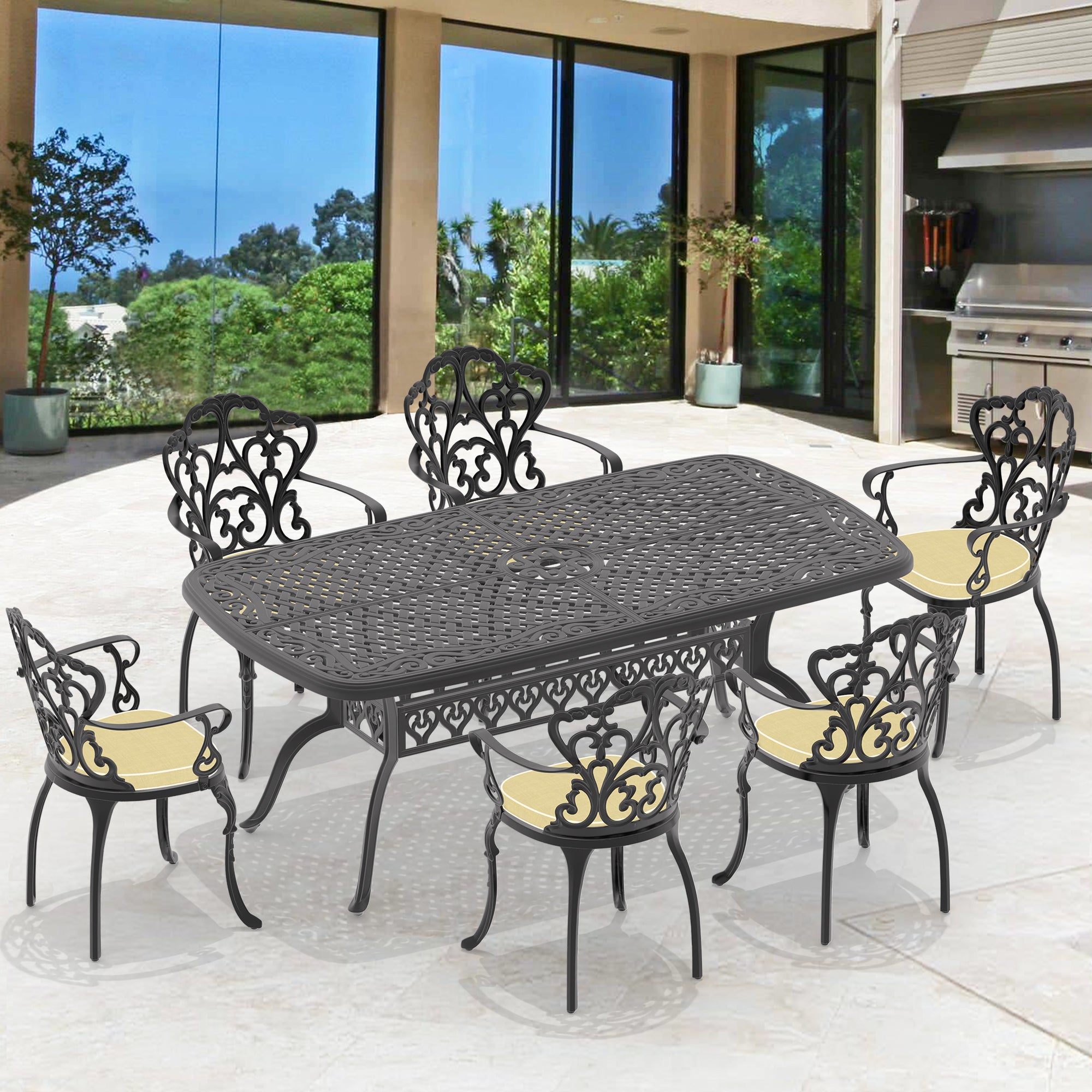 Cushions In Random Colors 7 Piece Set Of Cast Aluminum Patio Furniture With Cushions Yes Dining Set Black Seats 6 Weather Resistant Frame Water Resistant Cushion Garden & Outdoor Complete Patio Sets Aluminium