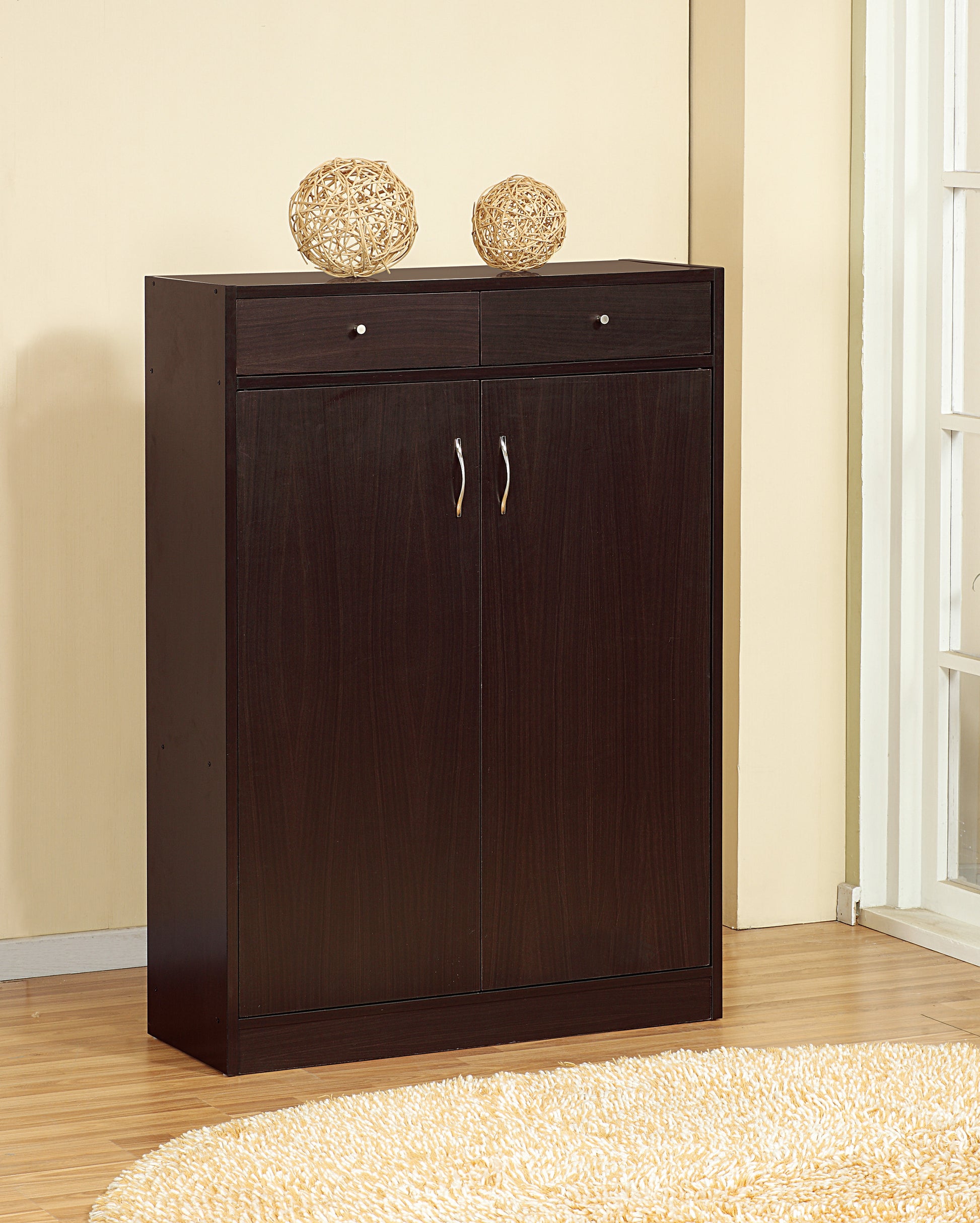 Shoe And Storage Cabinet Two Drawers, Two Doors, Five Shelves In Red Cocoa Dark Brown Mdf