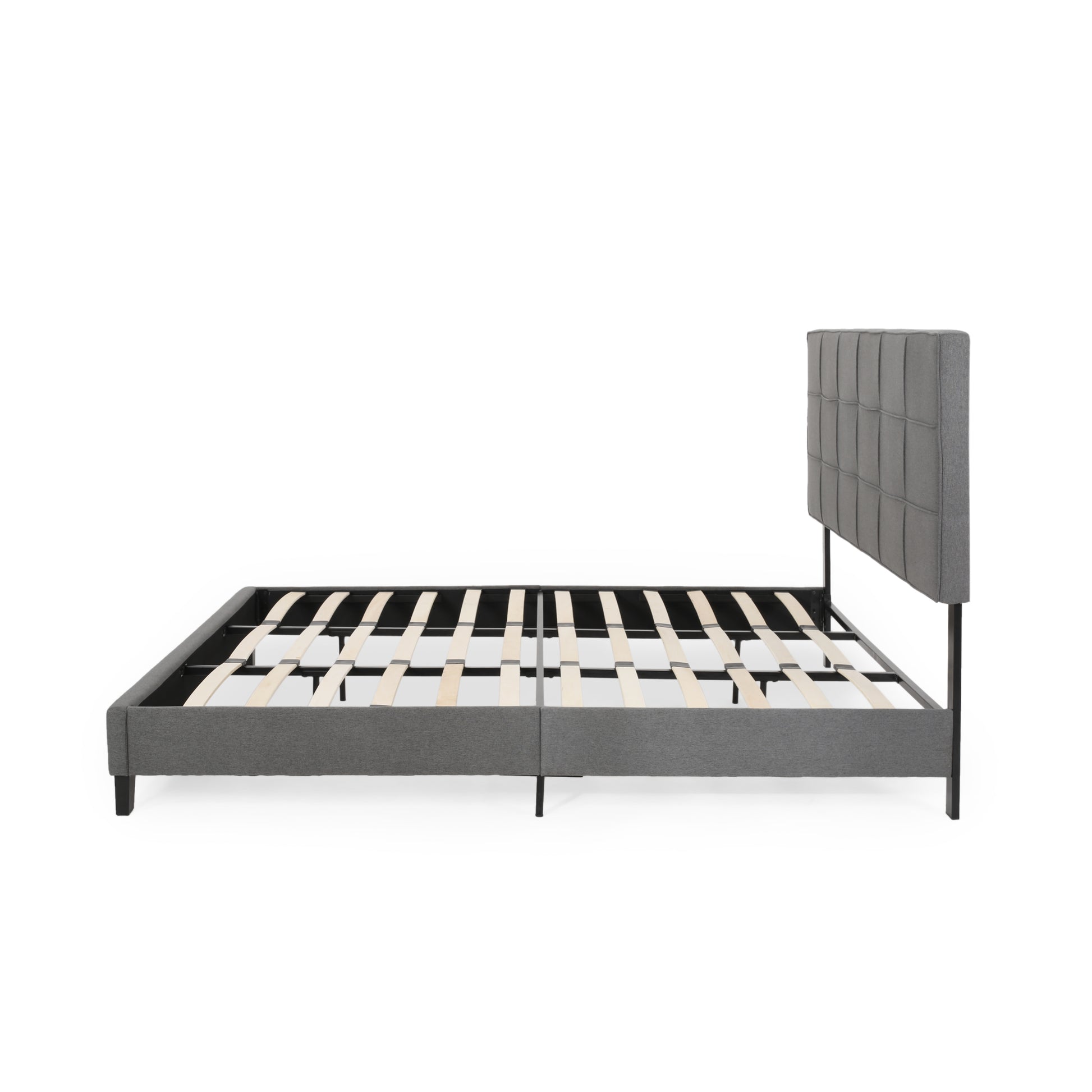 King Size Upholstered Platform Bed Frame With Contemporary Tufted Waffle Stitching, Easy Assembly, Charcoal Grey King Charcoal Grey Fabric