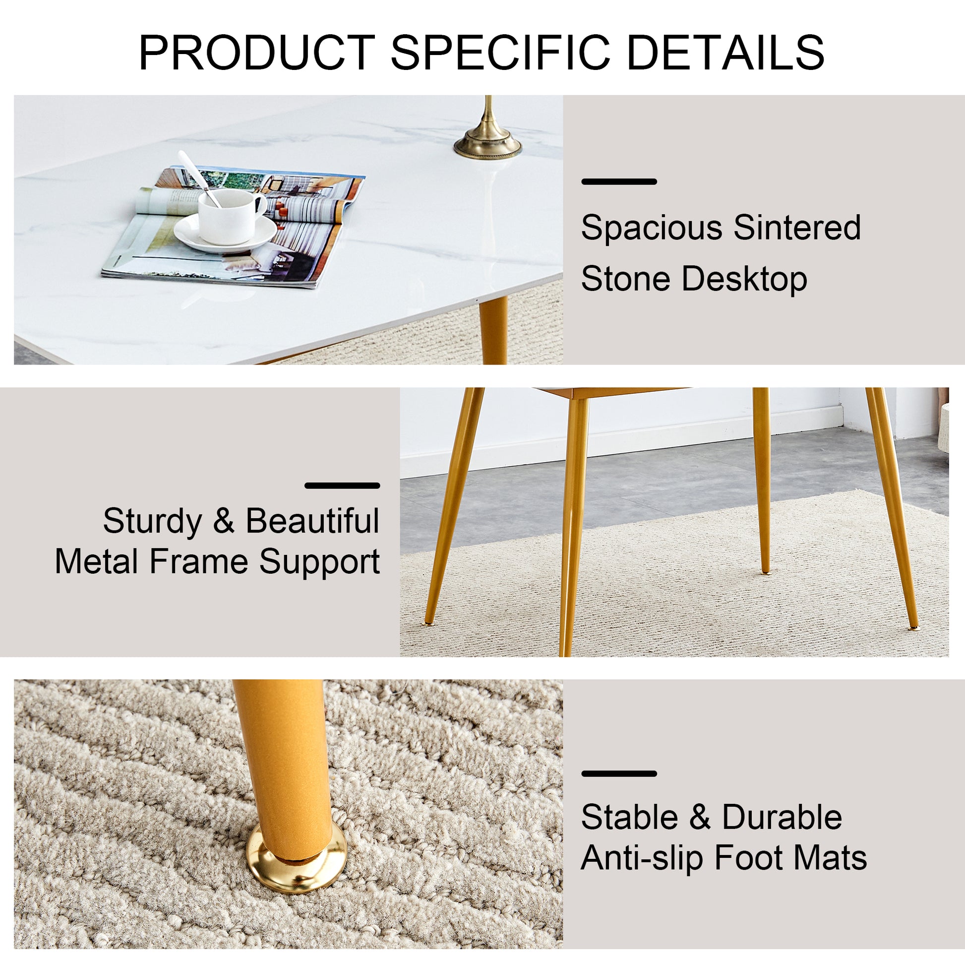 Table And Chair Set.A Morden Table With White Imitation Marble Patterned Stone Burning Tabletop With Golden Metal Legs.Paried With 4 Chairs With Pu Leather Backrest And Black Metal Legs. Grey Brown,White Gold Seats 4 Metal,Sintered Stone