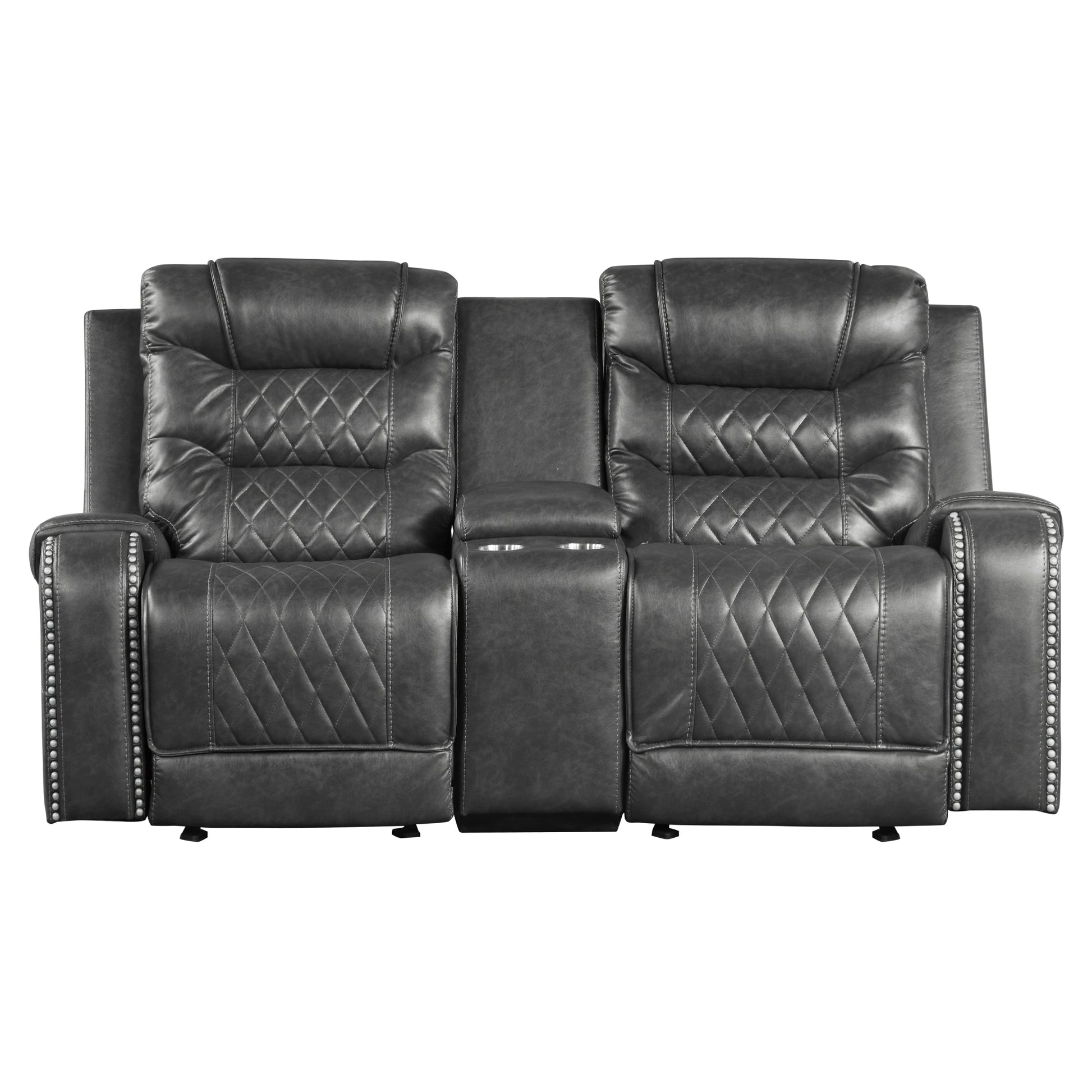 Luxurious Living Room Furniture 2Pc Reclining Sofa Set Grayfaux Leather Upholstery Center Drop Down Cup Holders, Power Outlets, Usb Ports, Diamond Pattern Stitching Gray Faux Leather Wood Primary Living Space Luxury,Modern Solid Wood 5 Seat