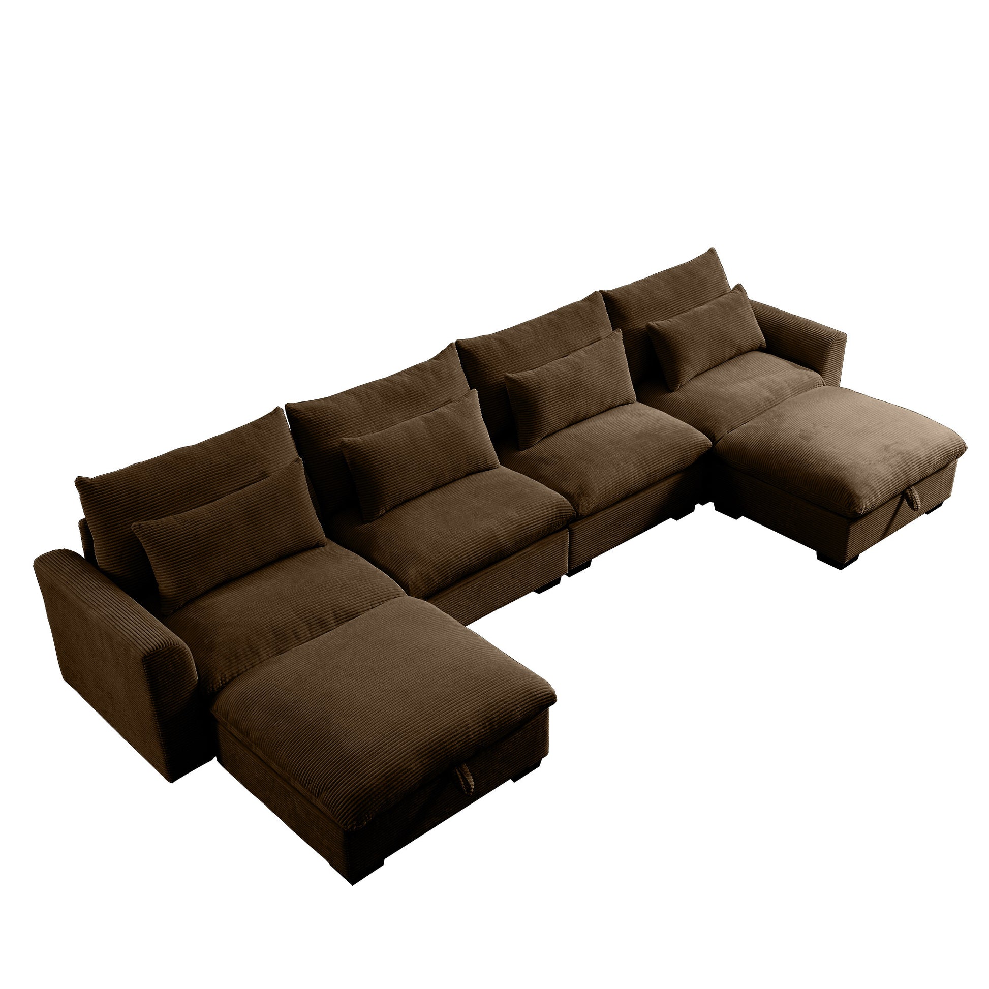 Big Deep Seat U Shaped Corduroy Sectional Couches For Living Room, 4 Seater Sofa Couch With 2 Storage Footstool And 4 Waist Pillows Corduroy, Brown Brown Corduroy 4 Seat
