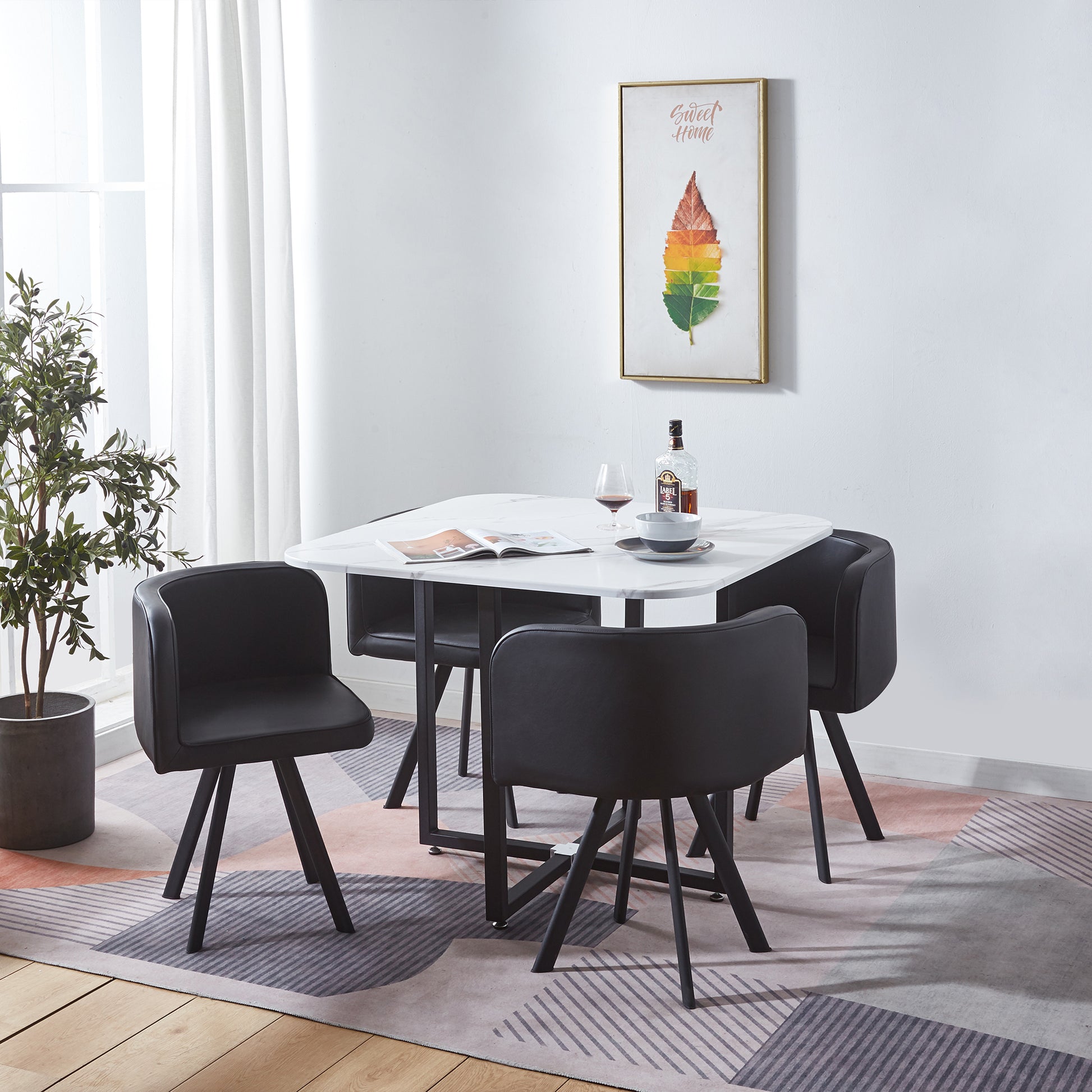 Modern 5 Pieces Dining Table Set, Square Dining Table With 4 Chairs For Dining Room, Kitchen Black Pu Leather