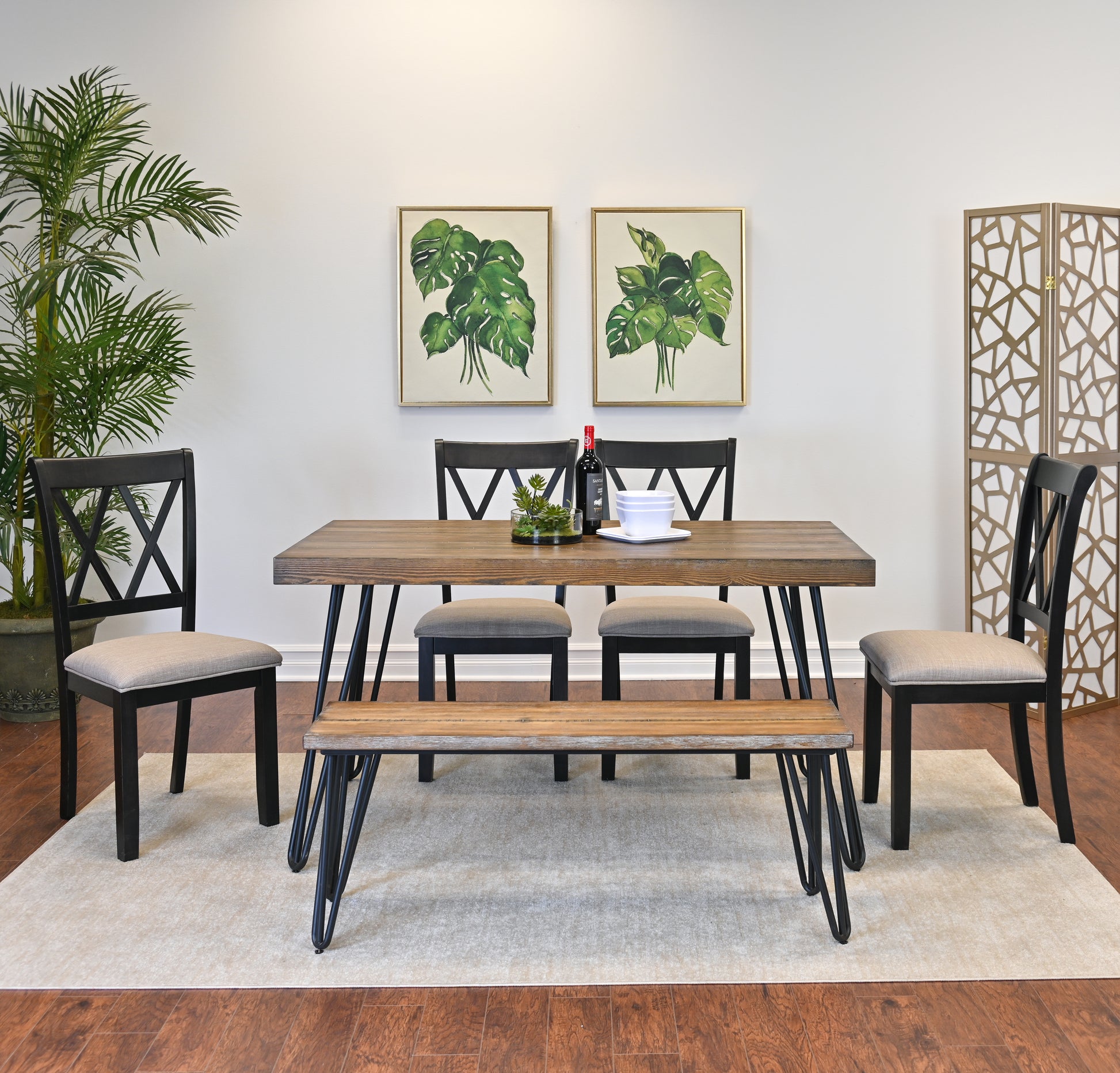 Arroyo 6 Piece Dining Set, Hairpin Dining Table With 4 Cross Back Chairs And Bench, Rich Black Brown Metal Dining Room Fixed Table Rubberwood Rectangular Dining Table With Chair And Bench Wood Wood Brown Seats 6 Rectangular 4 Leg Mdf