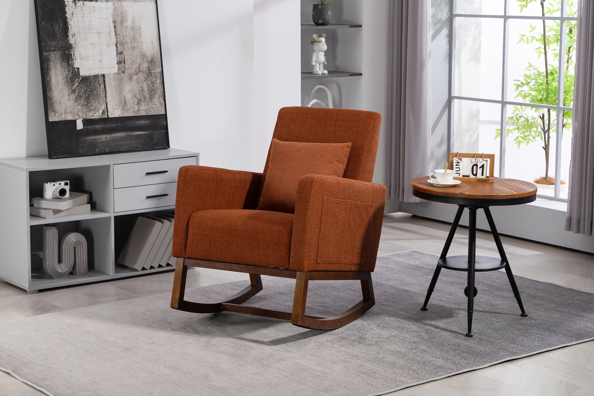 Mid Century Modern Accent Chair With Wood Frame, Upholstered Living Room Chairs With Waist Cushion, Reading Armchair For Bedroom Sunroom Brown Linen