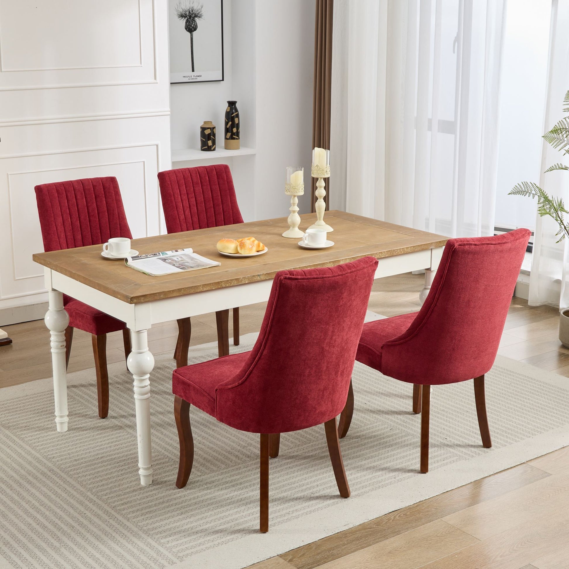 Rayon Cloth Flocking Linen Dining Chairs Channel Kitchen Dinner Chair Comfy Fabric Upholstered Accent Chair For Dining Room With Curved Solid Wood Legs,Set Of 2 Wine Red , Sw1847Wr Wine Red Light