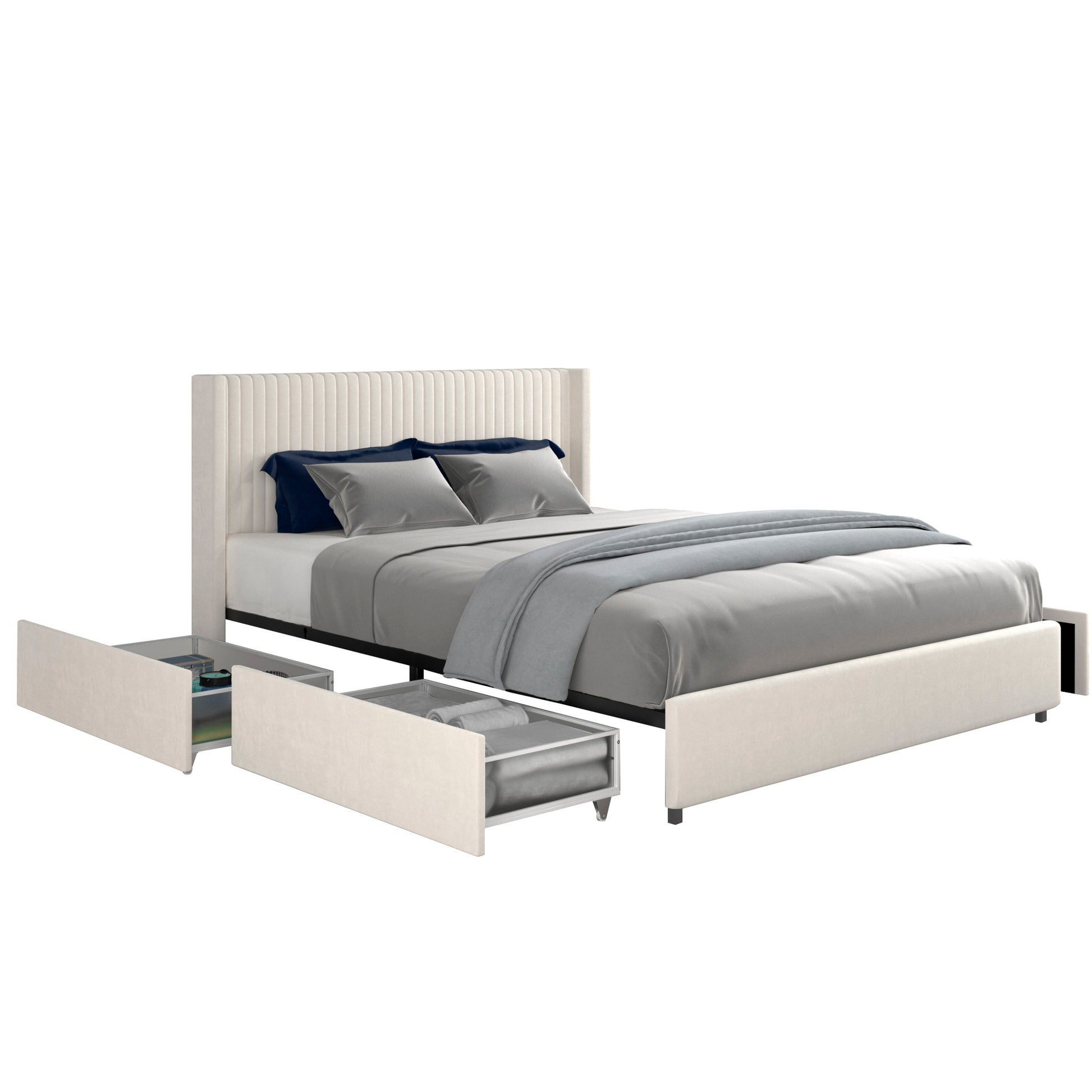 Anna Queen Size Ivory Velvet Upholstered Wingback Platform Bed With Patented 4 Drawers Storage, Modern Design Headboard With Tight Channel, Wooden Slat Mattress Support No Box Spring Needed Box Spring Not Required Queen Ivory Metal Bedroom