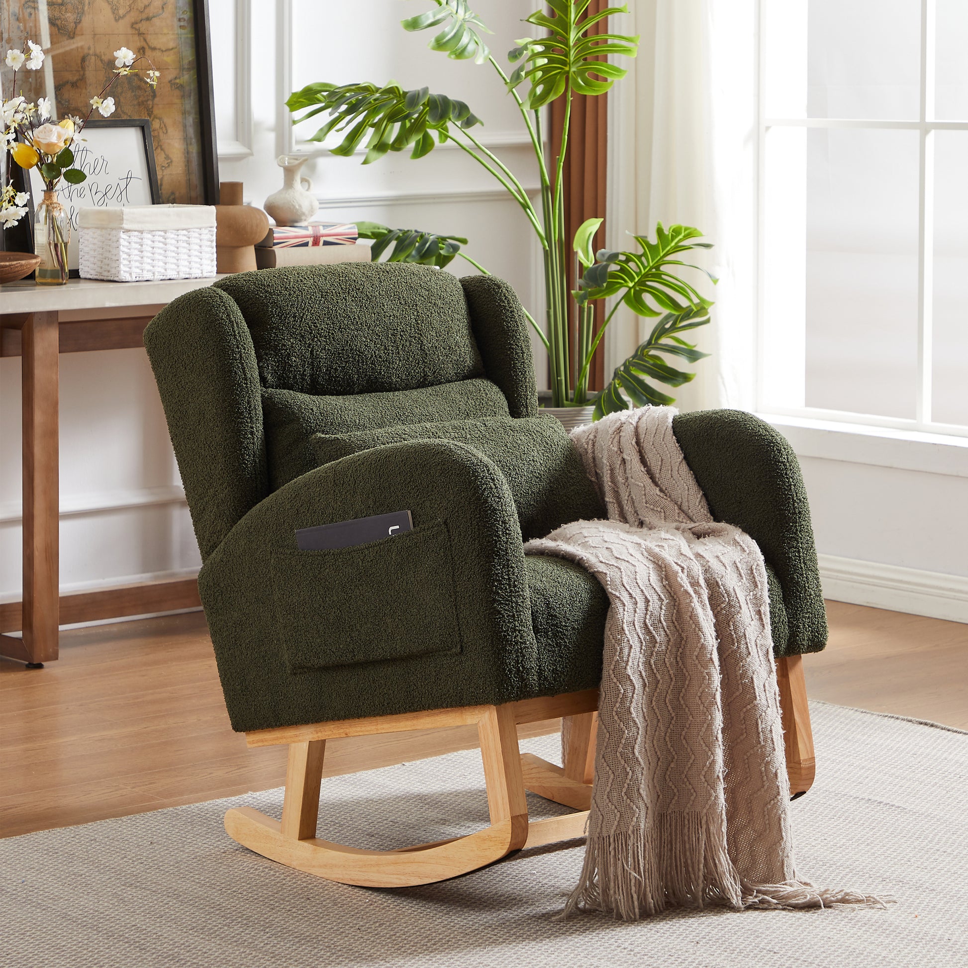 27.2"W Modern Accent High Backrest Living Room Lounge Arm Rocking Chair, Two Side Pocket Army Green Foam Fabric