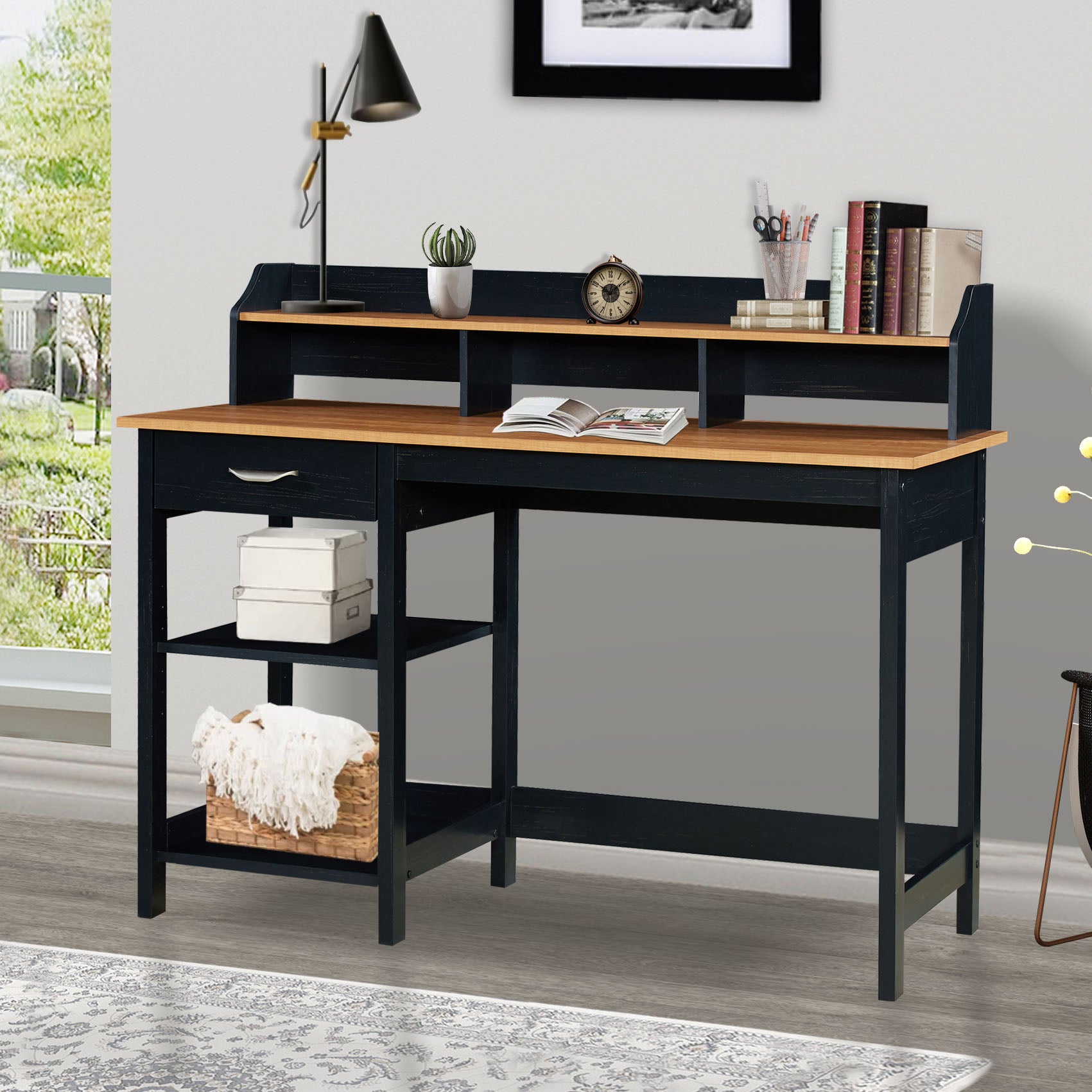 47" Writing Desk With Hutch "Home Office Writing Desk In Honey Maple & Antique Black Spacious Dual Tone Workstation With Drawer And Open Shelves" Antique Black Solid Wood