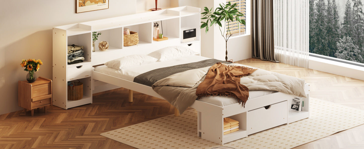 Queen Size Wood Platform Bed With Multi Storage Headboard And A Drawer, White Box Spring Not Required Queen White Wood Bedroom Bed Frame Solid Wood Mdf