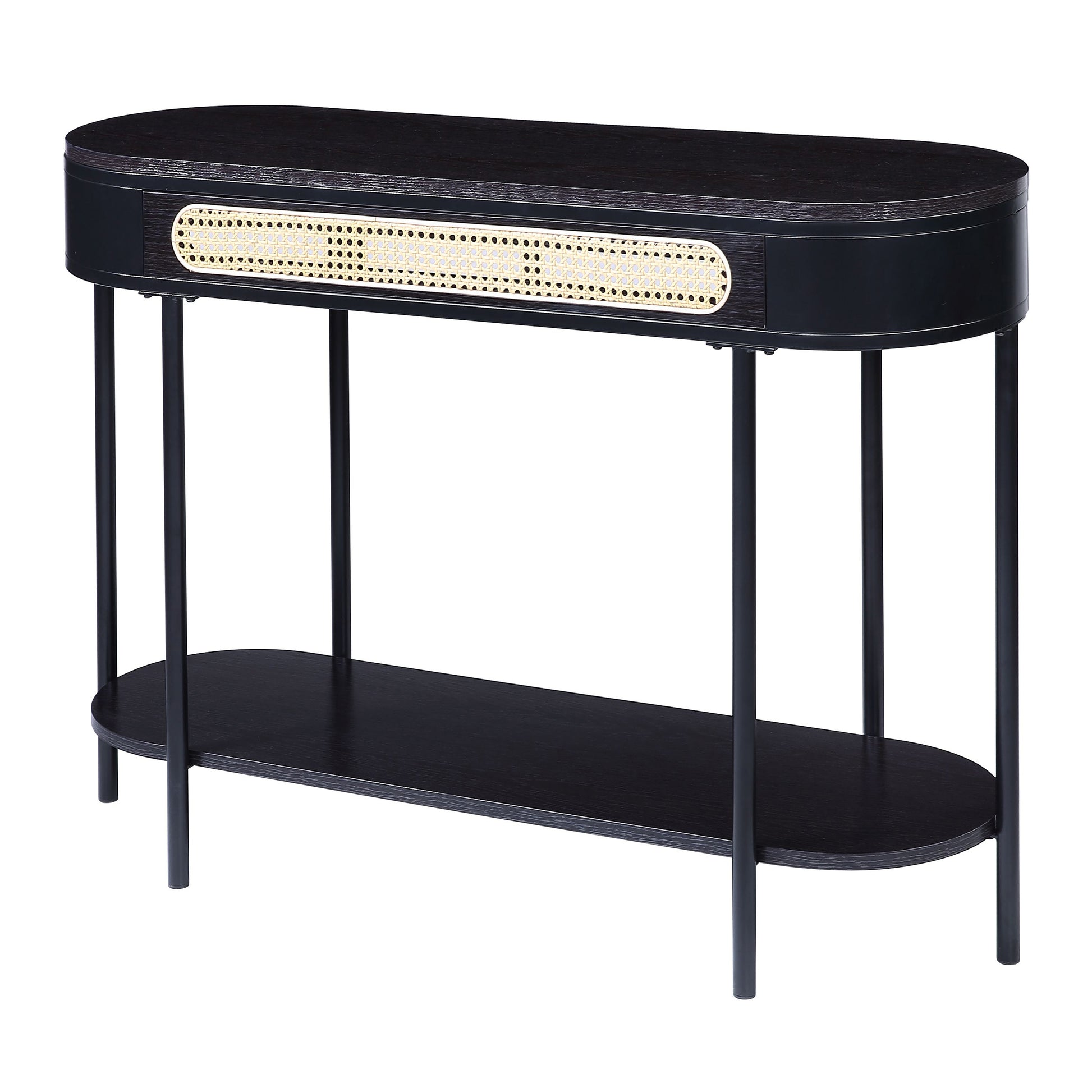 Black Oval Sofa Table With Bottom Shelf Black Primary Living Space Modern Shelves Oval Wood Metal