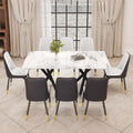 1 Table And 8 Chairs. A Rectangular Dining Table With A White Imitation Marble Tabletop And Black Metal Legs. Paired With 8 Chairs, Equipped With Pu Leather Seat Cushions And Black Metal Legs. F 1538 Black Glass Metal