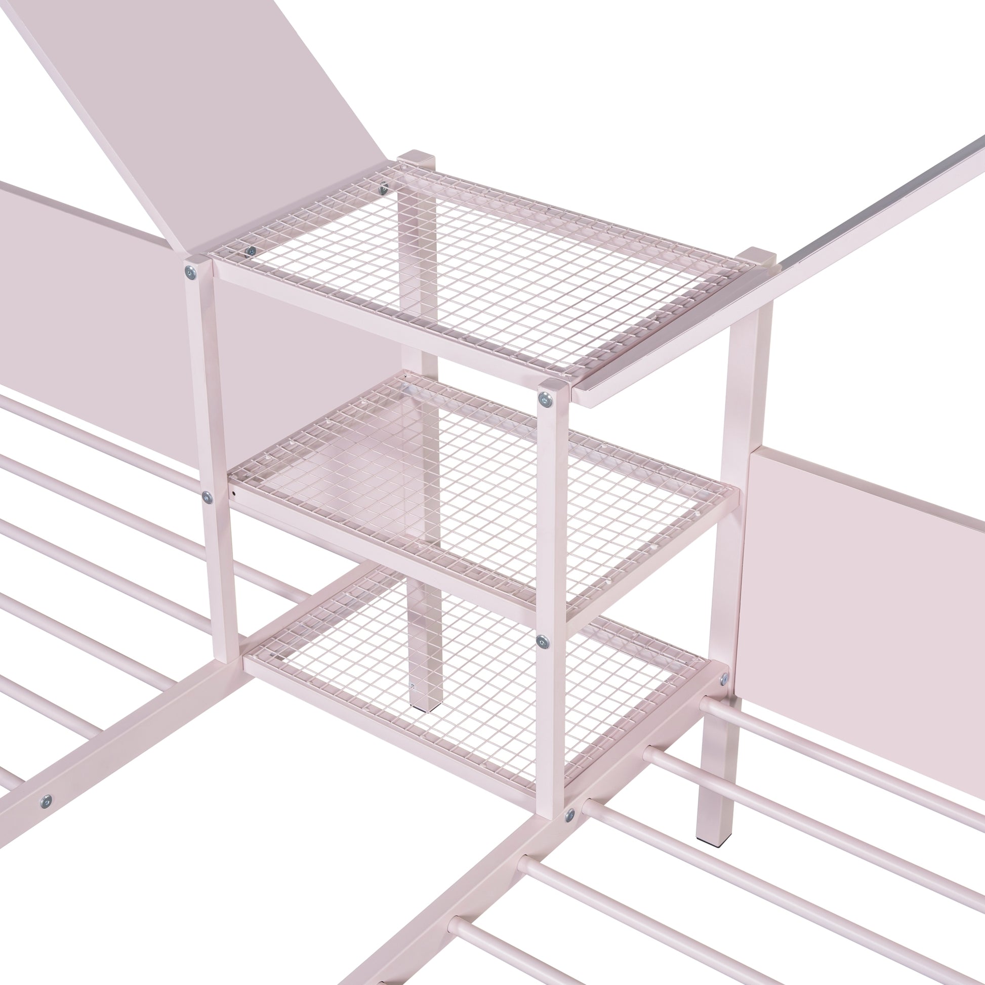 Metal Double Twin Size Platform Bed With House Shaped Headboard And A Built In Nightstand, Pink Box Spring Not Required Twin Pink Metal Metal