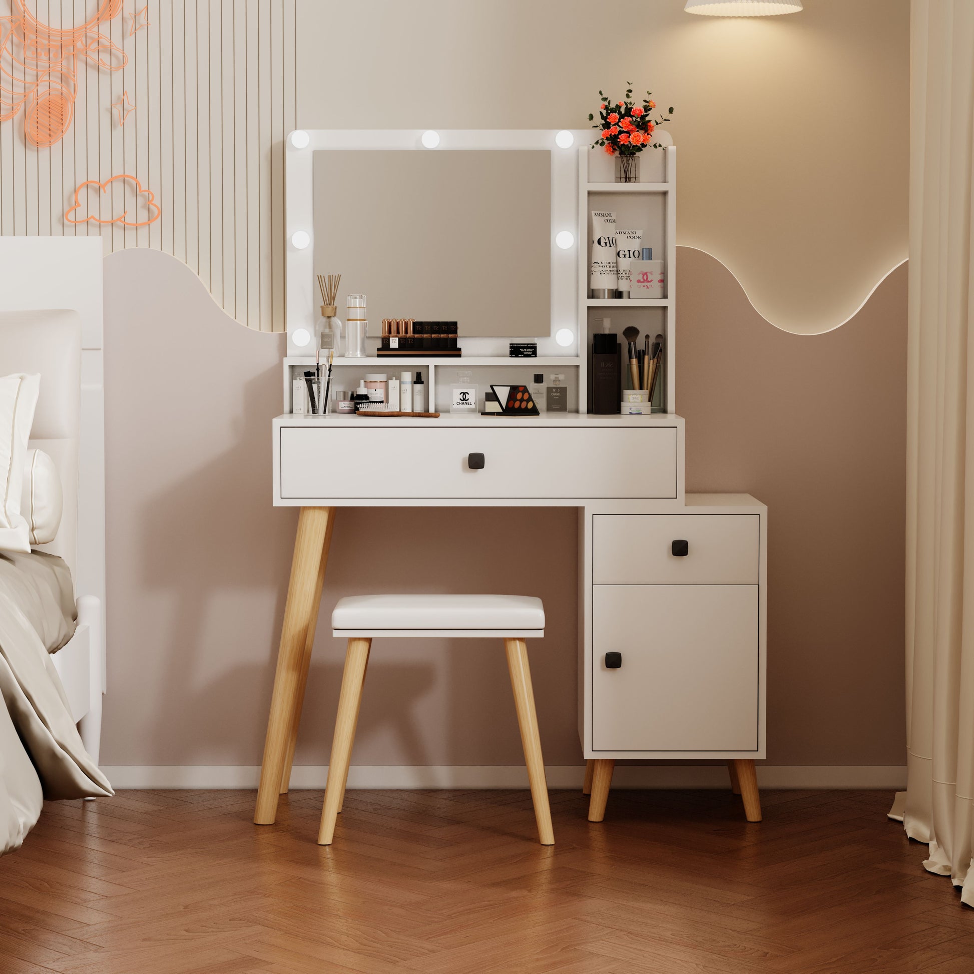 Dressing Table With Hollywood Led Mirror, Light Adjustable Brightness, Dressing Table, Padded Stool Set, White, Wooden Cosmetic Table With Drawer And Storage Cabinet White Drawer 2 Drawers Bedroom Modern 2 Or Less Mirror Included White Particle Board Mdf