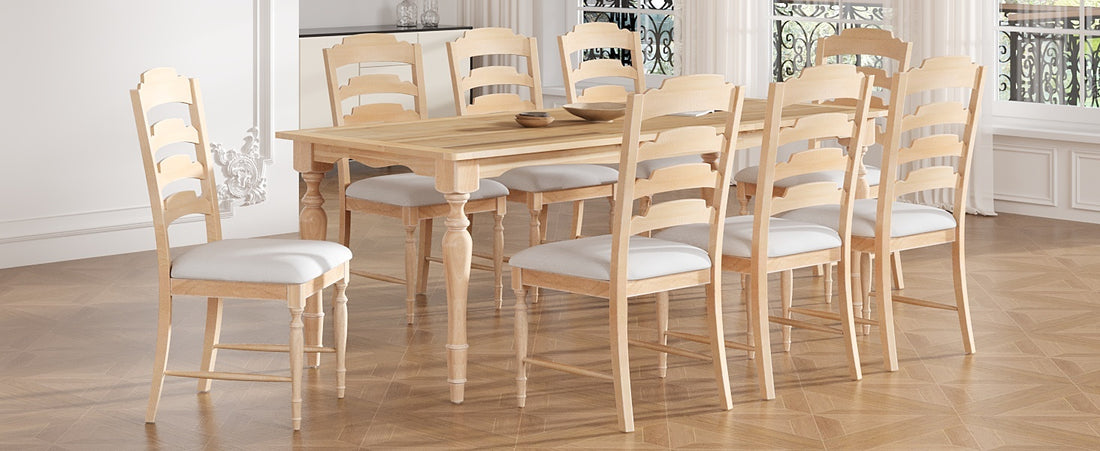 Vintage Traditional 9 Piece 82.7Inch Extendable Dining Table Set With 23.6Inch Removable Leaf And 8 Upholstered Dining Chairs For 8, Natural Wood Dining Room Distressed Finish Rubberwood Rectangular Dining Table With Bench Wood Wood Natural Seats 8
