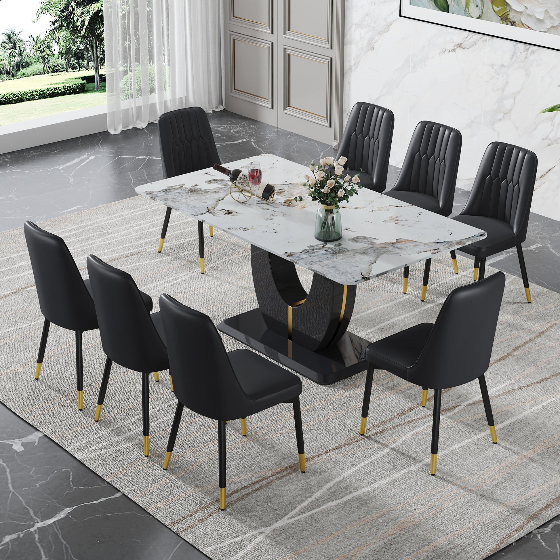 Table And Chair Set, Modern Dining Table, Patterned Table Top And Black Mdf Leg Table, Soft And Comfortable Dining Chair, Perfect For Dinner, Meetings, Home And Office Decor Black Mdf Glass