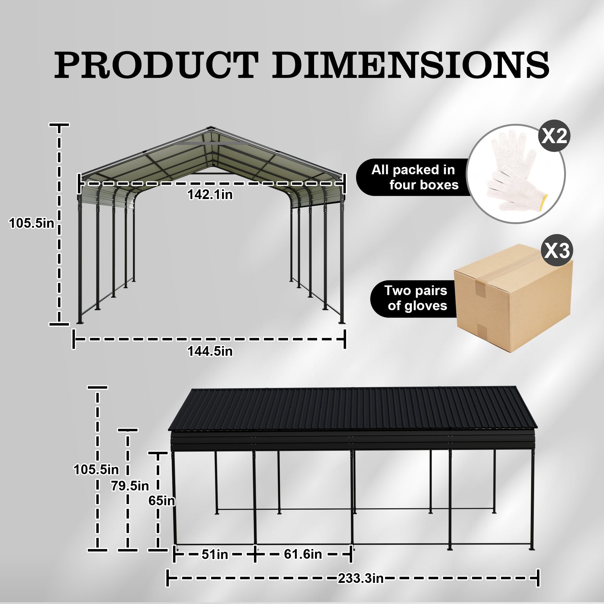 Carport 12X20 Ft Heavy Duty Carport Canopyupdated Frame Structure Galvanized Steel Roof And Enhanced Basemetal Carport Garage For Pickup, Boat, Car And Tractors, Dark Grey Dark Gray Metal