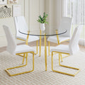 A Modern Minimalist Style Round Transparent Tempered Glass Table With Gold Metal Legs, Paired With 4 Modern Pu Leather High Back Dining Chairs Bring A Luxurious Experience. White Seats 4 Glass Metal