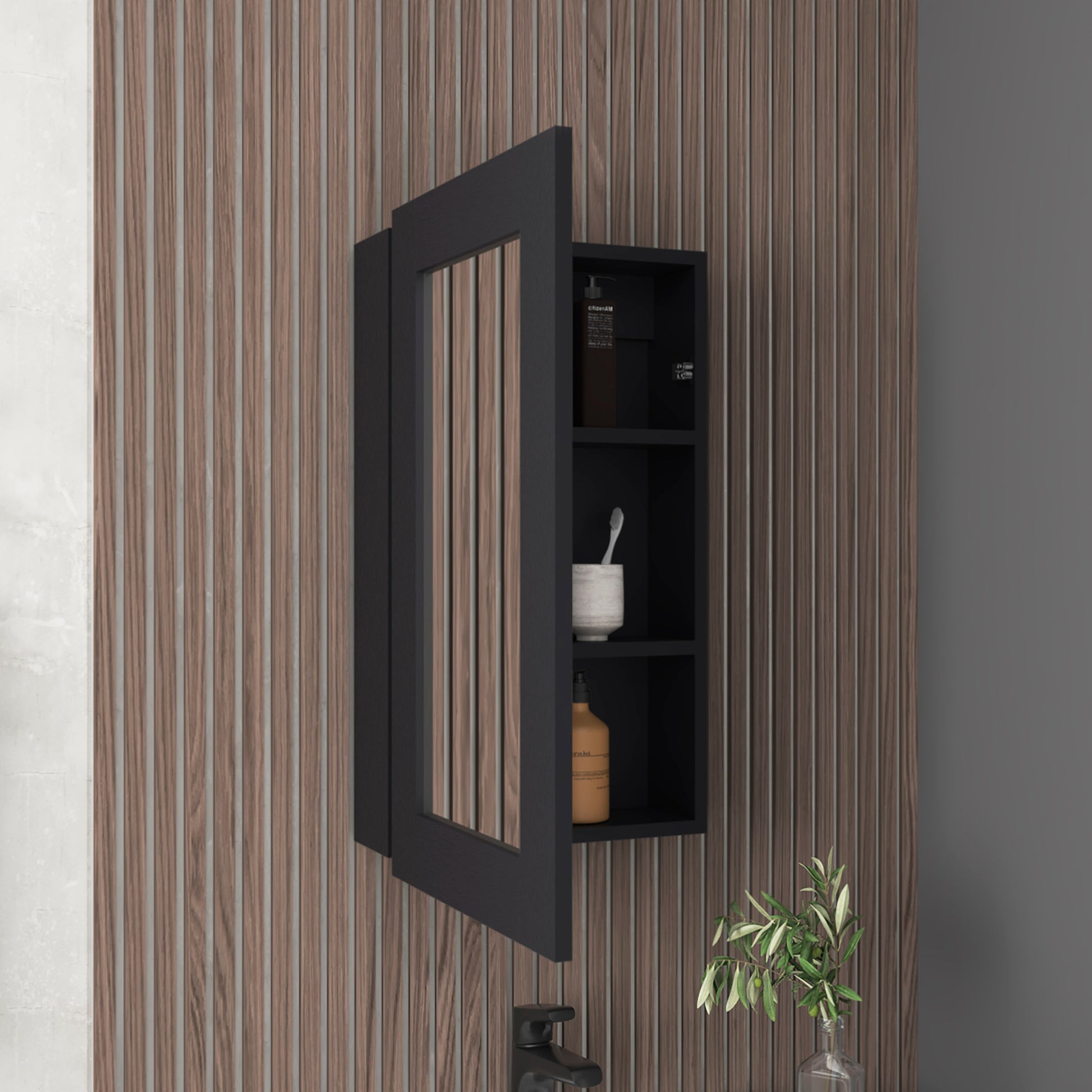 Juno 25.7" H X 15.7" W Narrow Mirror Medicine Cabinet, One Door With Three Interior Shelves For Bathroom, Kitchen Black Black Particle Board