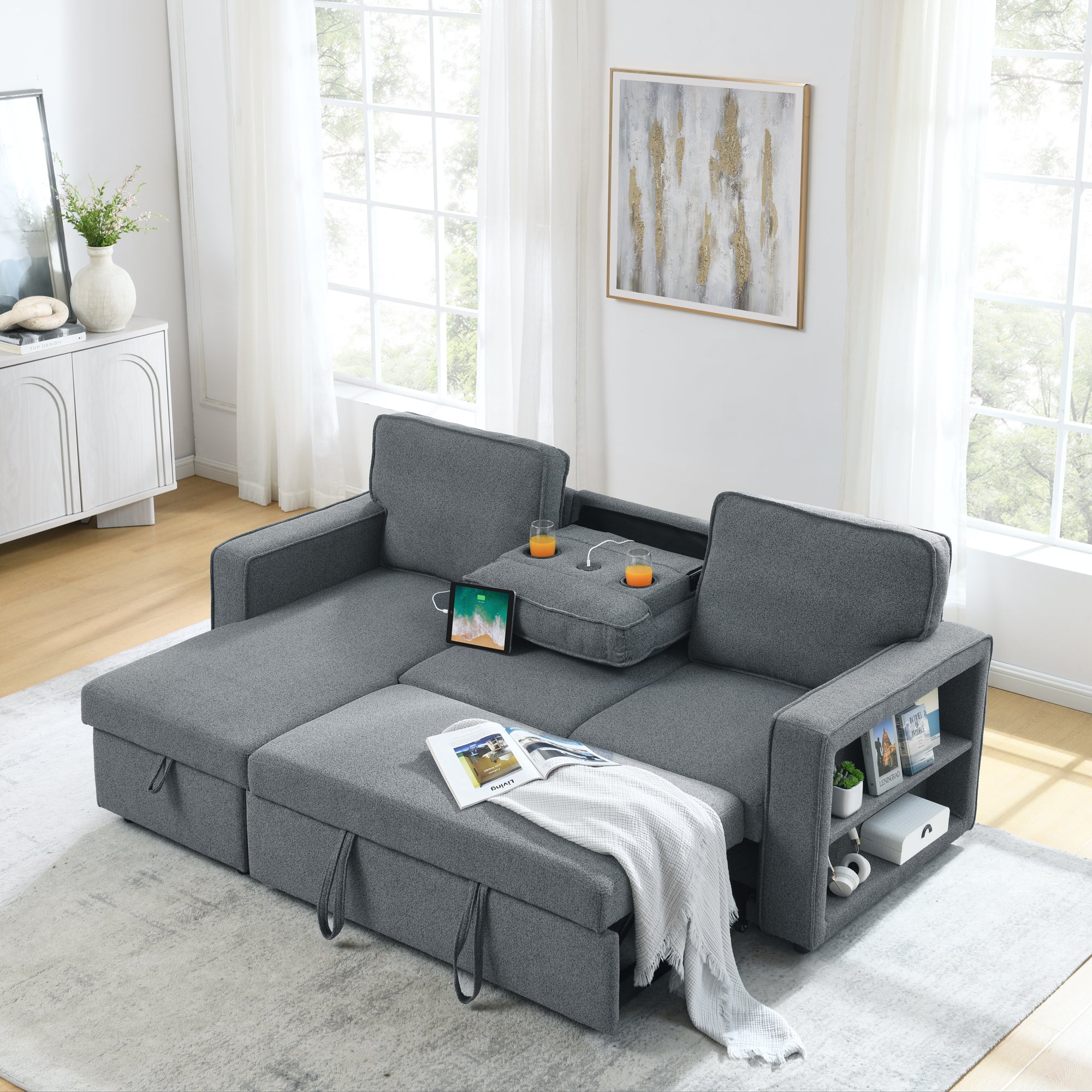 Linen Upholstered Sleeper Sectional Sofa, Shaped Modular Convertible Sofa With Storage Chaise,There Are Two Cup Holders In The Middle And Usb Multi Interface Function,Pull Out Sleep Couch Bed ,Grey