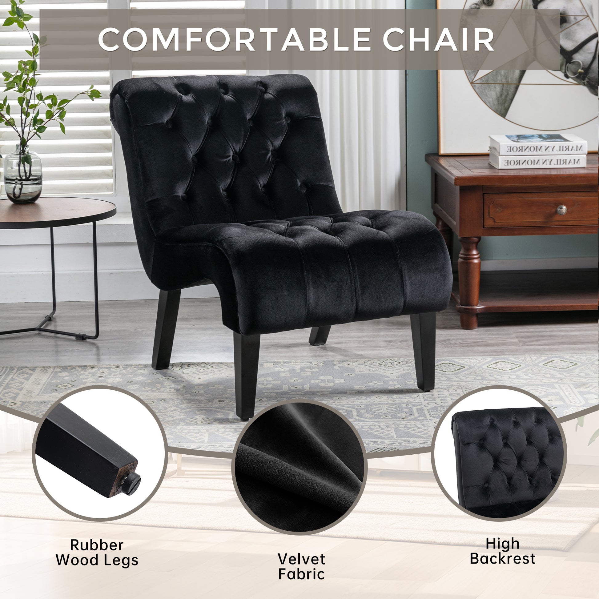 Coolmore Modern Velvet Armless Accent Living Room Chair Leisure Chair,Upholstered Fabric Button Comfortable Chair With Wooden Legs For Bedroom, Living Room, Office Black Velvet Black Foam Velvet