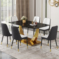 Table And Chair Set.Modern Rectangular Dining Table With Black Textured Stickers Glass Tabletop And Gold Plated Metal Legs.Paried With 6 Comfortable Chairs With Pu Seats And Black Metal Legs. Black