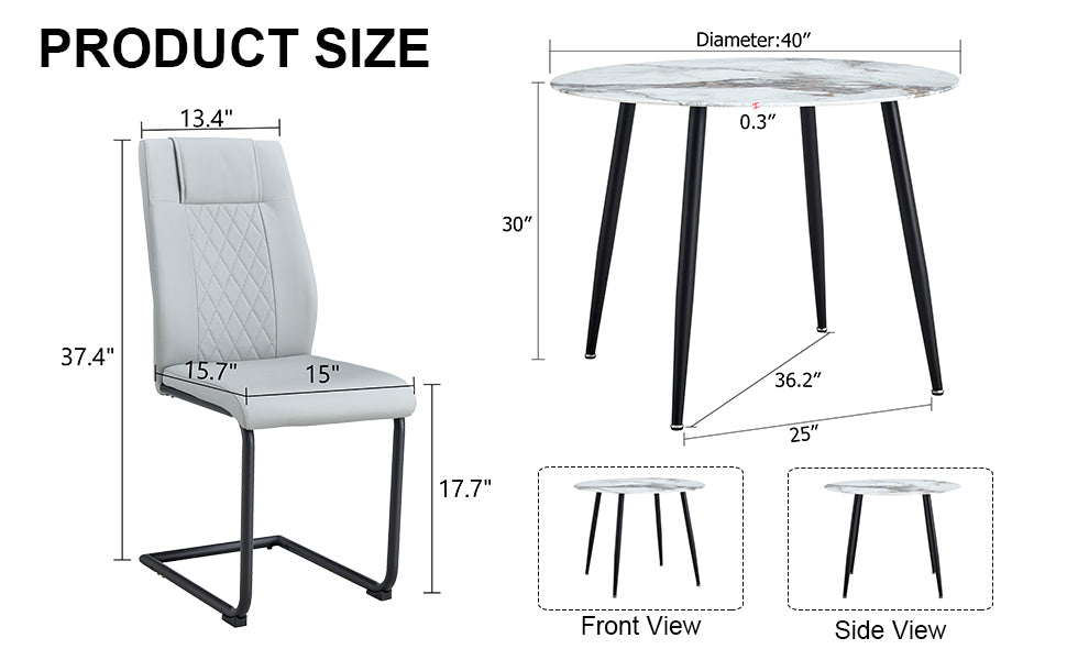 Table And Chair Set. Large Modern White Imitation Marble Patterned Round Table With Black Metal Legs. Nice Minimalism, Comfortable Seats And Black Metal Legs. White Gray Seats 4 Glass Metal