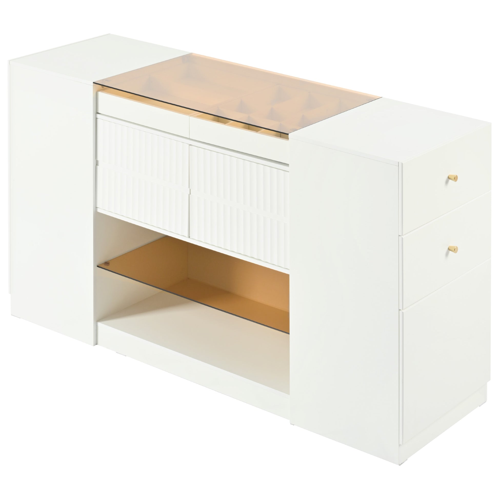 Modern Luxury Multi Functional Island Vanity Dresser And Storage Cabinet With Glass Tabletop, Display Shelf,6 Drawers For Walk In Wardrobe And Bedroom Cream White Mdf Glass