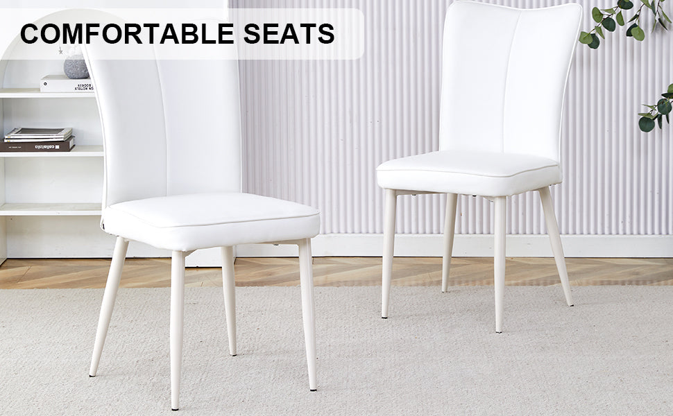 Modern Minimalist Dining Chair, White Pu Leather Curved Back And Seat Cushion, White Metal Chair Legs, Suitable For Dining Room, Bedroom, Living Room. A Set Of 2 Chairs. 008 White Pu