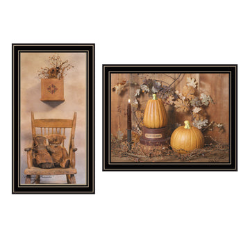 2 Piece Vignette Friends And Pumpkins Black Framed Wall Art For Living Room, Bedroom Wall Art Print For Home Decor By Billy Jacobs Multicolor Wood Paper