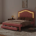 Queen Size Upholstered Platform Bed With Tufted Headboard, Led And 2 Drawers, Pink Box Spring Not Required Queen Pink Wood Bathroom Bed Frame Faux Leather Upholstered