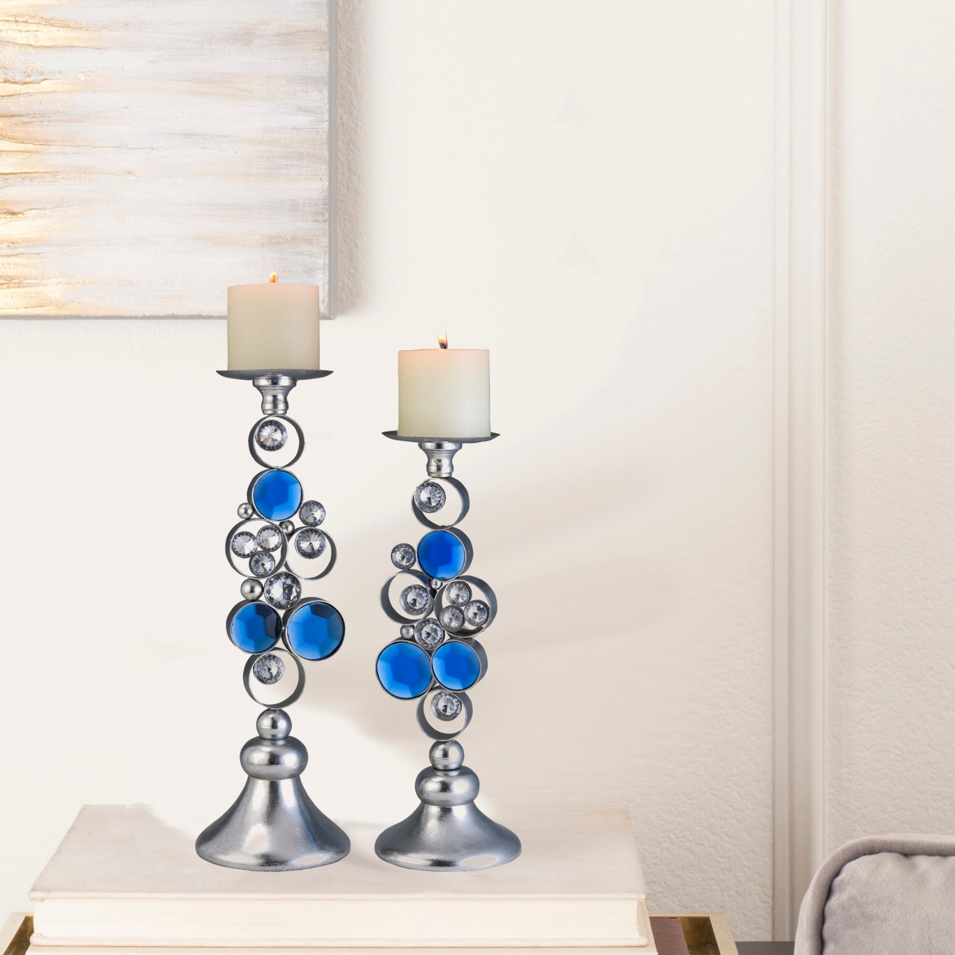 14" And 16" Tall Polyresin" Dazzle" Candleholder, Silver Finish Set Of 2 Multicolor Polyresin