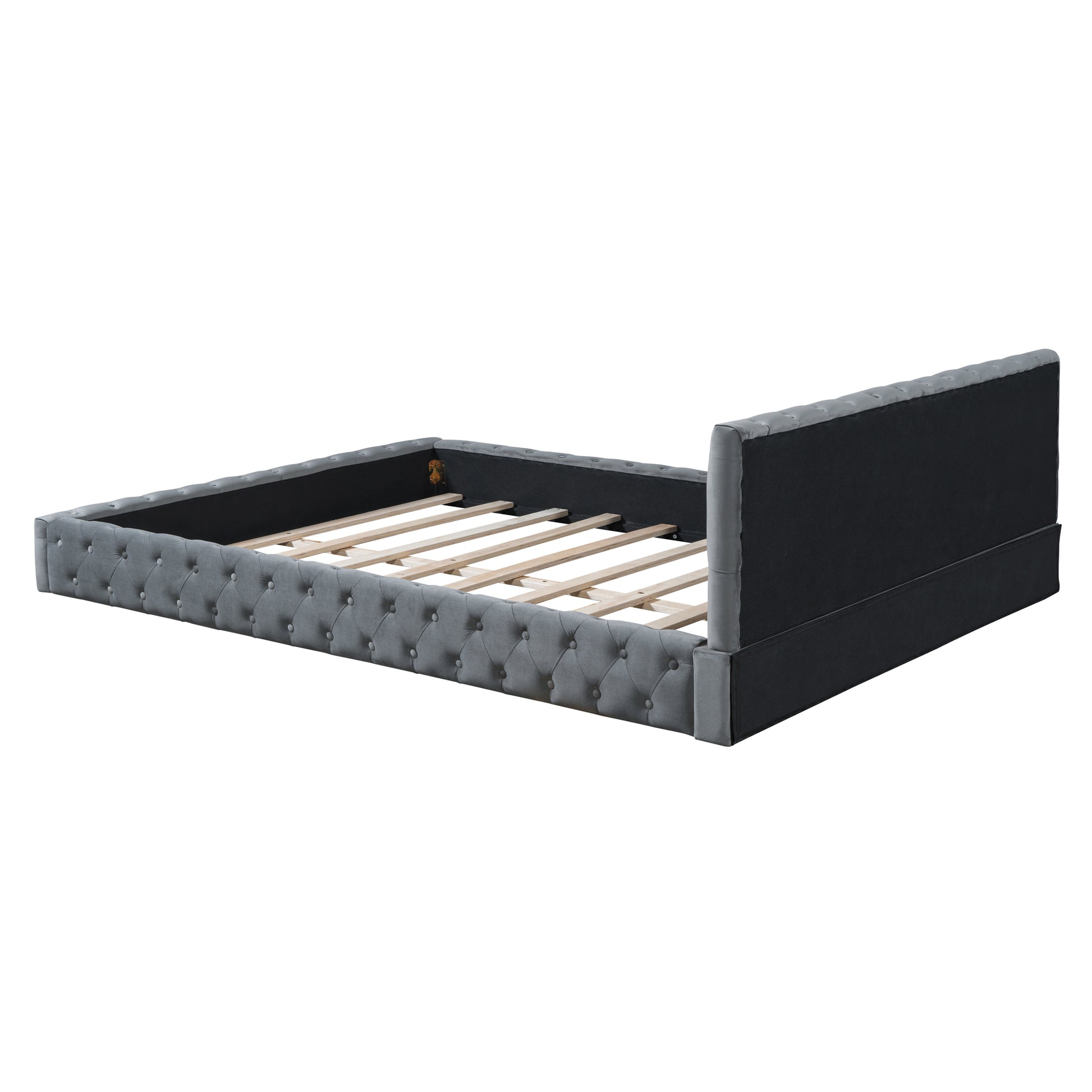 Queen Size Velvet Upholstered Platform Bed, With Luxurious Diamond Grid Headboard,Gray Queen Gray Plywood