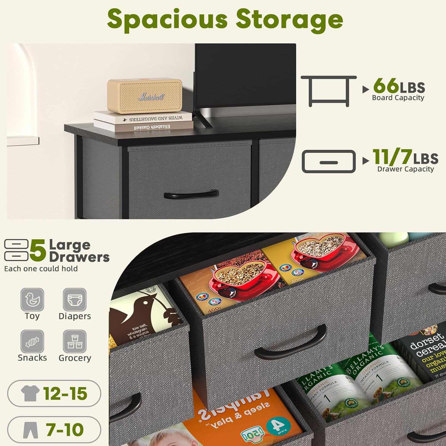 Simple Deluxe 5 Drawers Dresser For Bedroom, Kidsroom Furniture, Wide Chest Of Drawers, Storage Organizer Units With Fabric Bins For Closet, Metal Frame, Waterproof Wood Top, Adjustable Feet, Gray