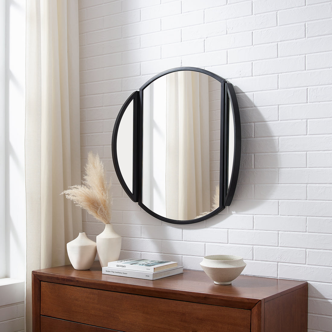 Modern Hinge Round Wall Mirror Black Black Glass Steel