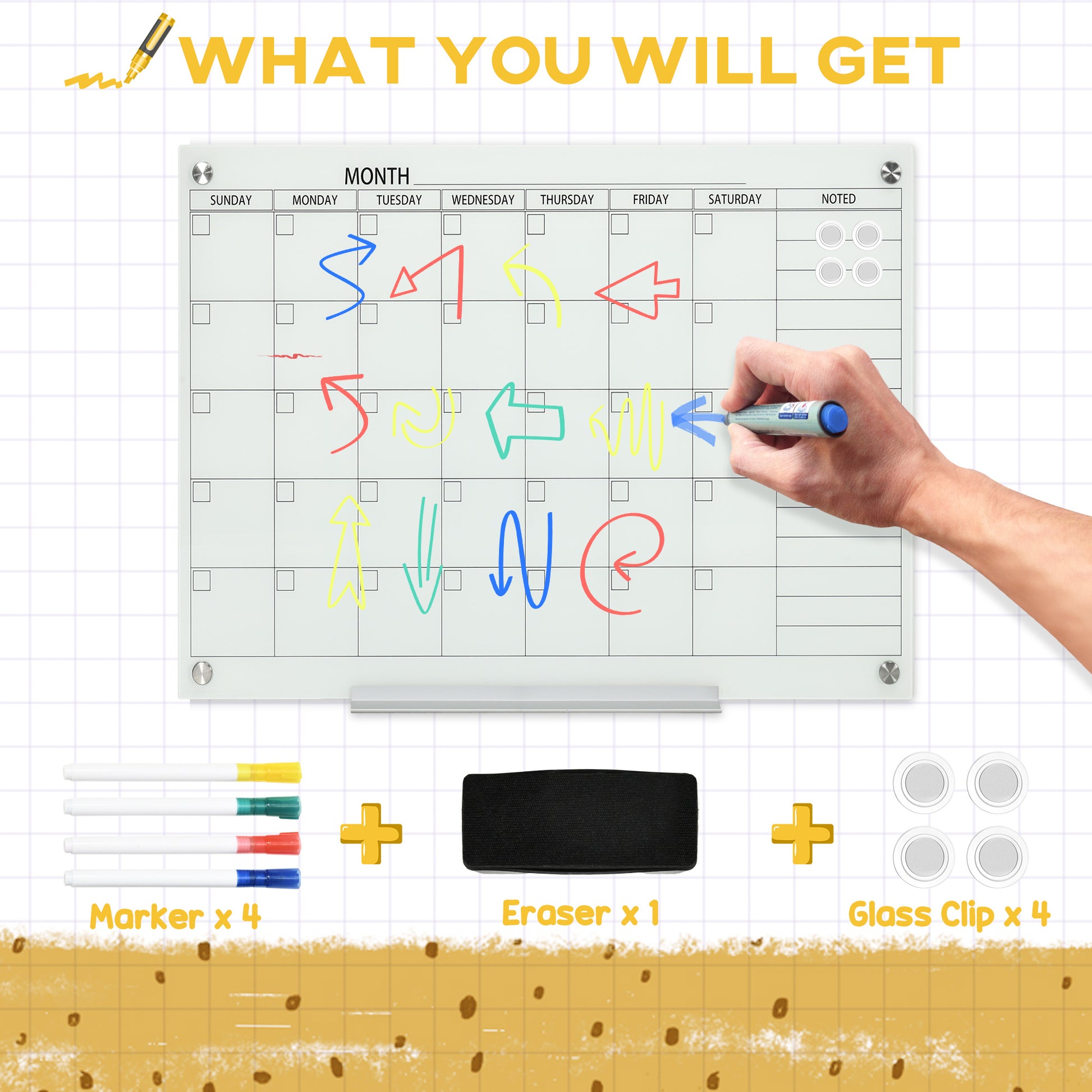 Vinsetto 35"X23" Dry Erase Wall Calendar Glass Whiteboard Monthly Planner For Homeschool Supplies & Home Office Organization With 4 Markers And 1 Eraser,Frameless White Glass